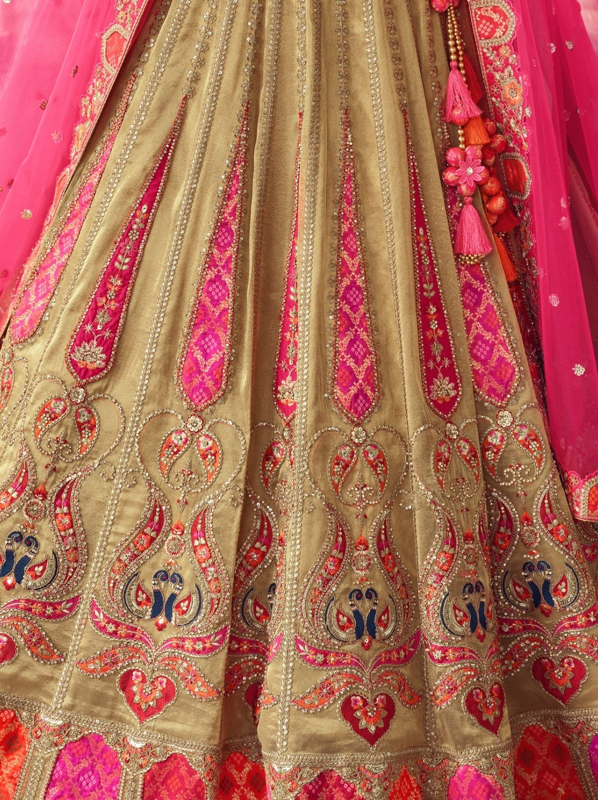 Sand Beige Majestic Wedding Lehenga Set With Mirror Work