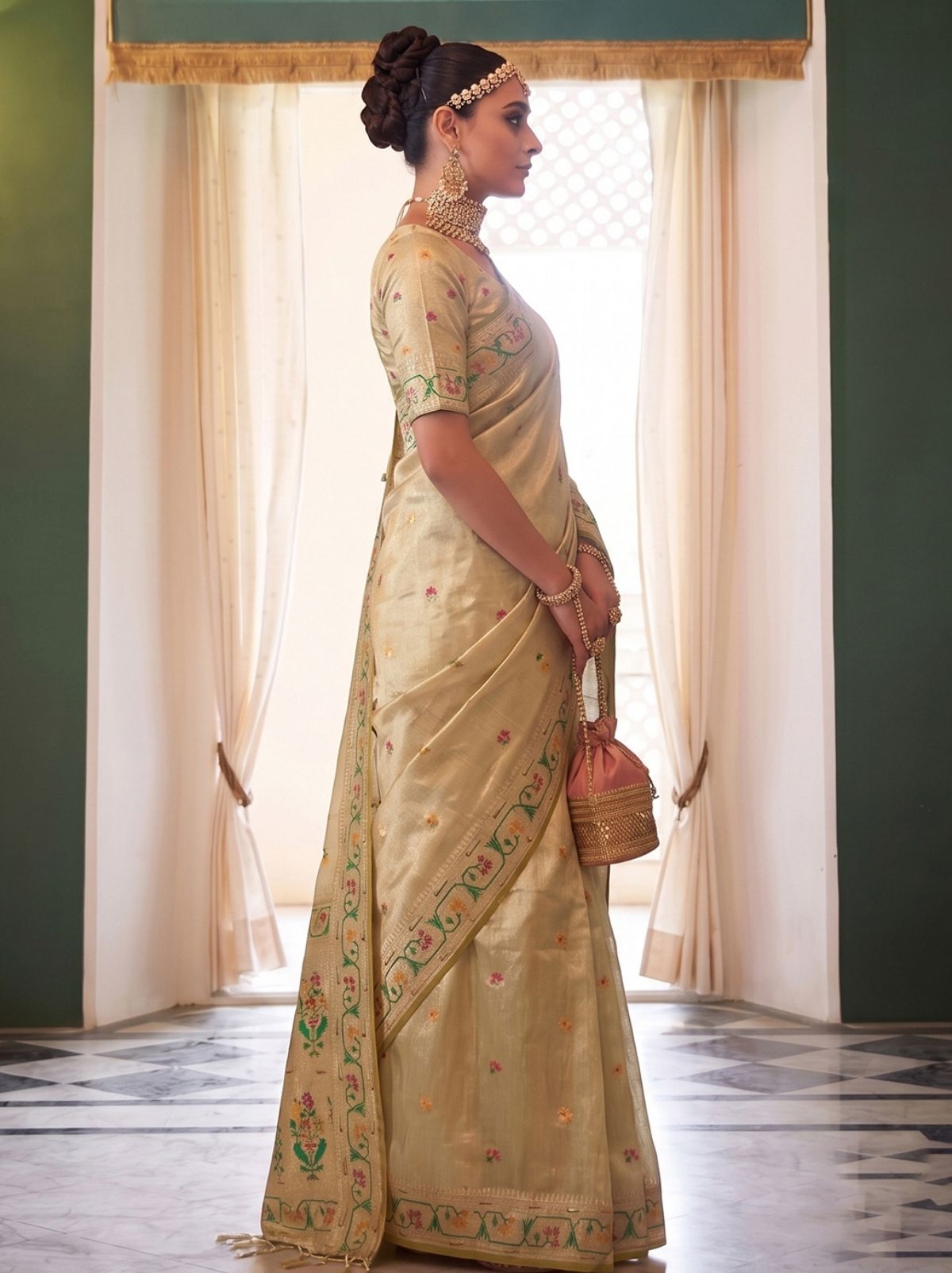 Beige Opulent Tissue Silk Saree with Soft Gold Zari Work