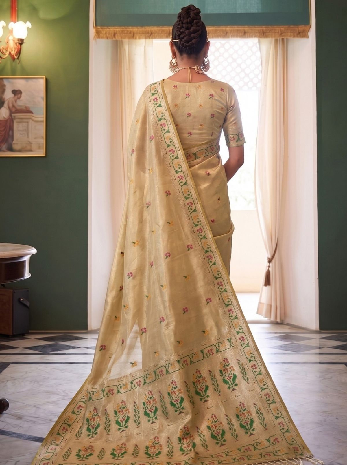 Beige Opulent Tissue Silk Saree with Soft Gold Zari Work