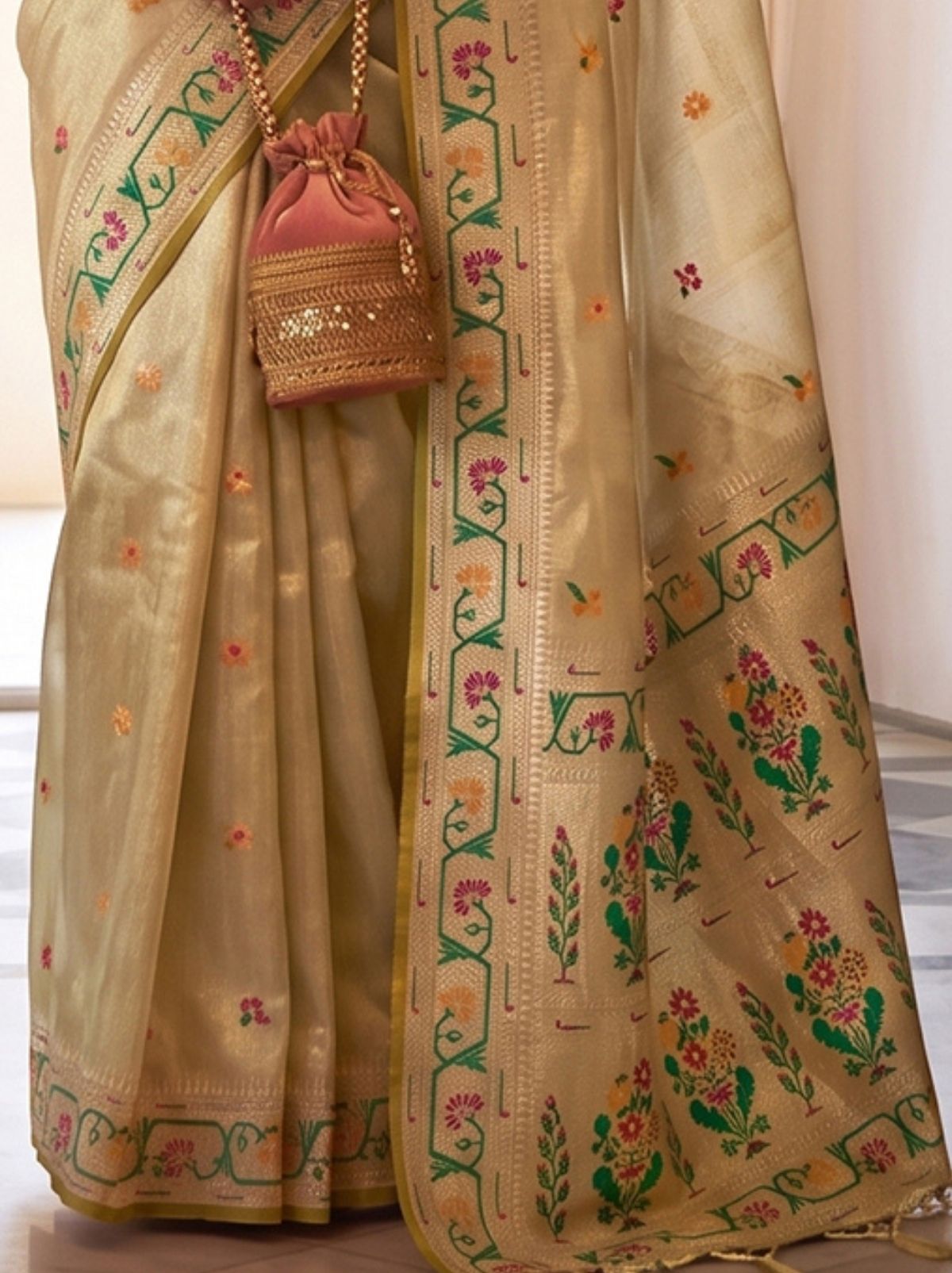 Beige Opulent Tissue Silk Saree with Soft Gold Zari Work