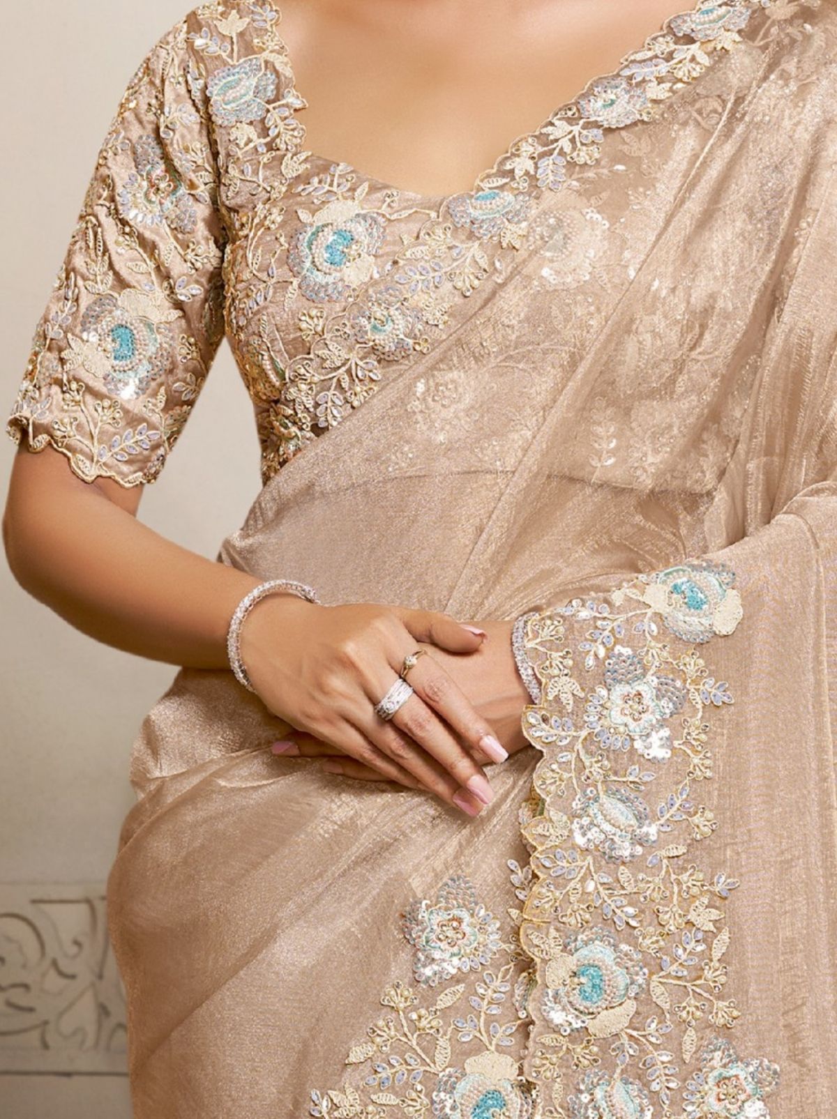 Beige Organza Crush Satin Silk Saree With Stonework