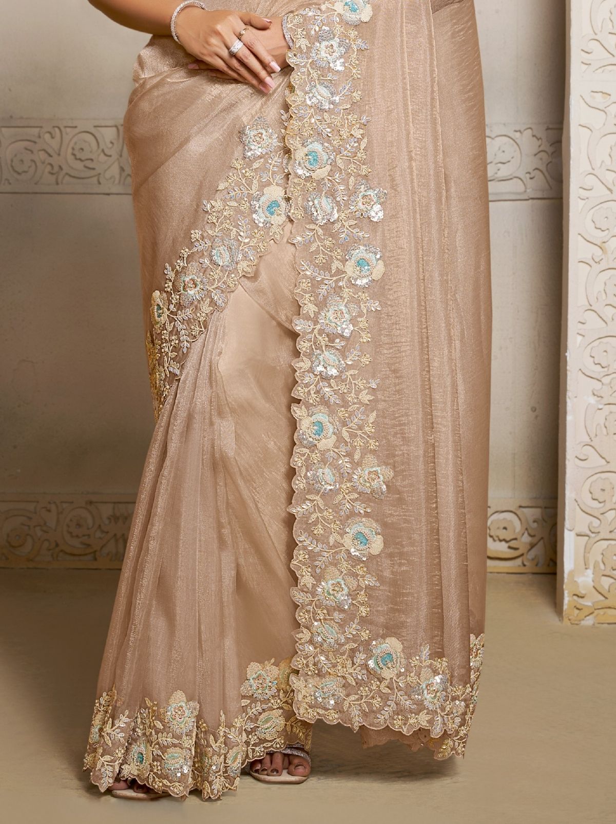 Beige Organza Crush Satin Silk Saree With Stonework