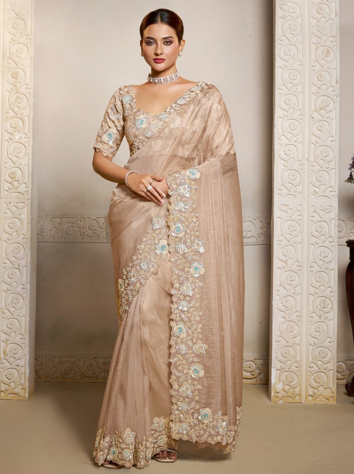 Beige Organza Crush Satin Silk Saree With Stonework