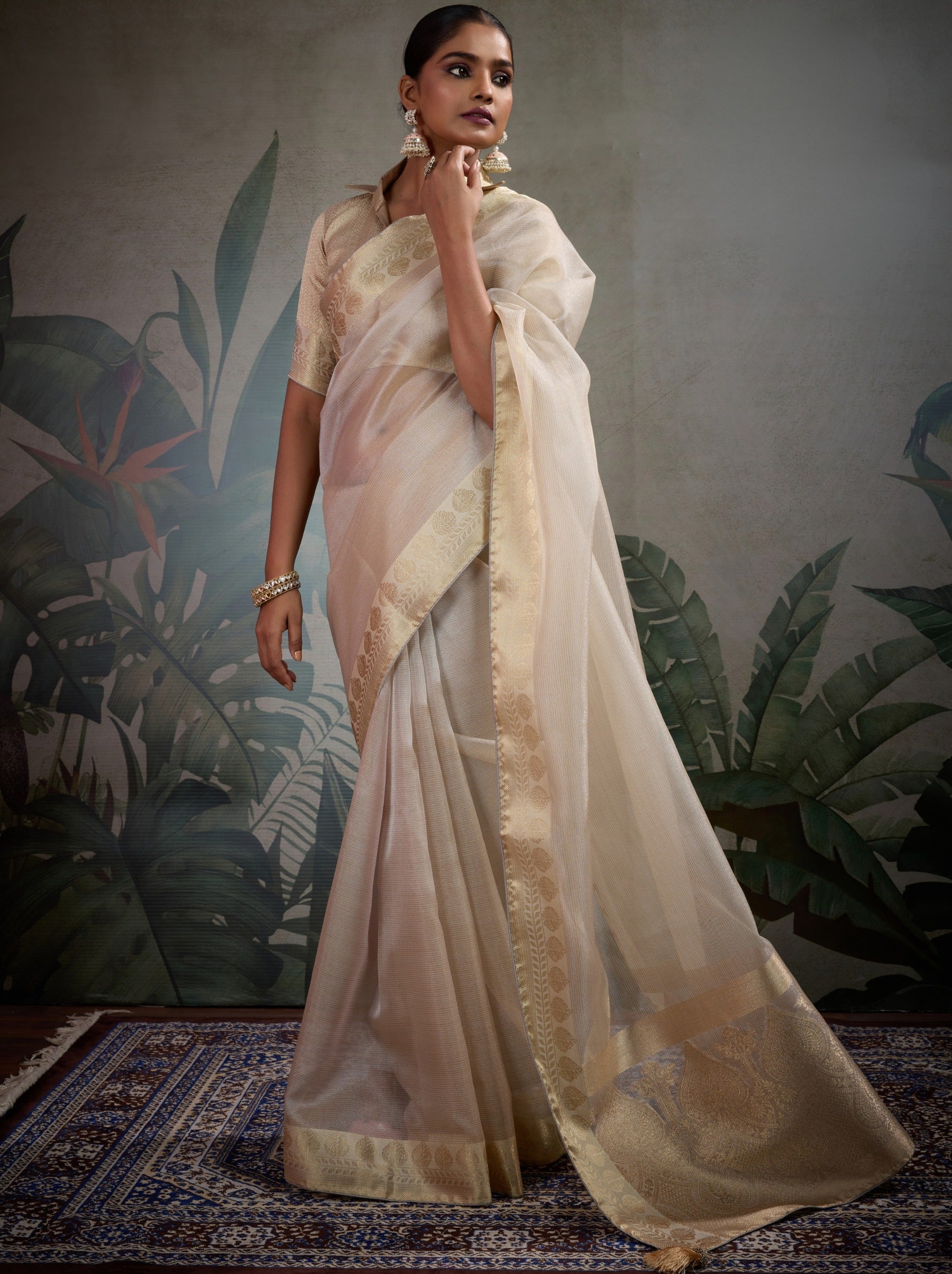 Beige Fancy Tissue Silk Saree With Blouse Piece - TrendOye