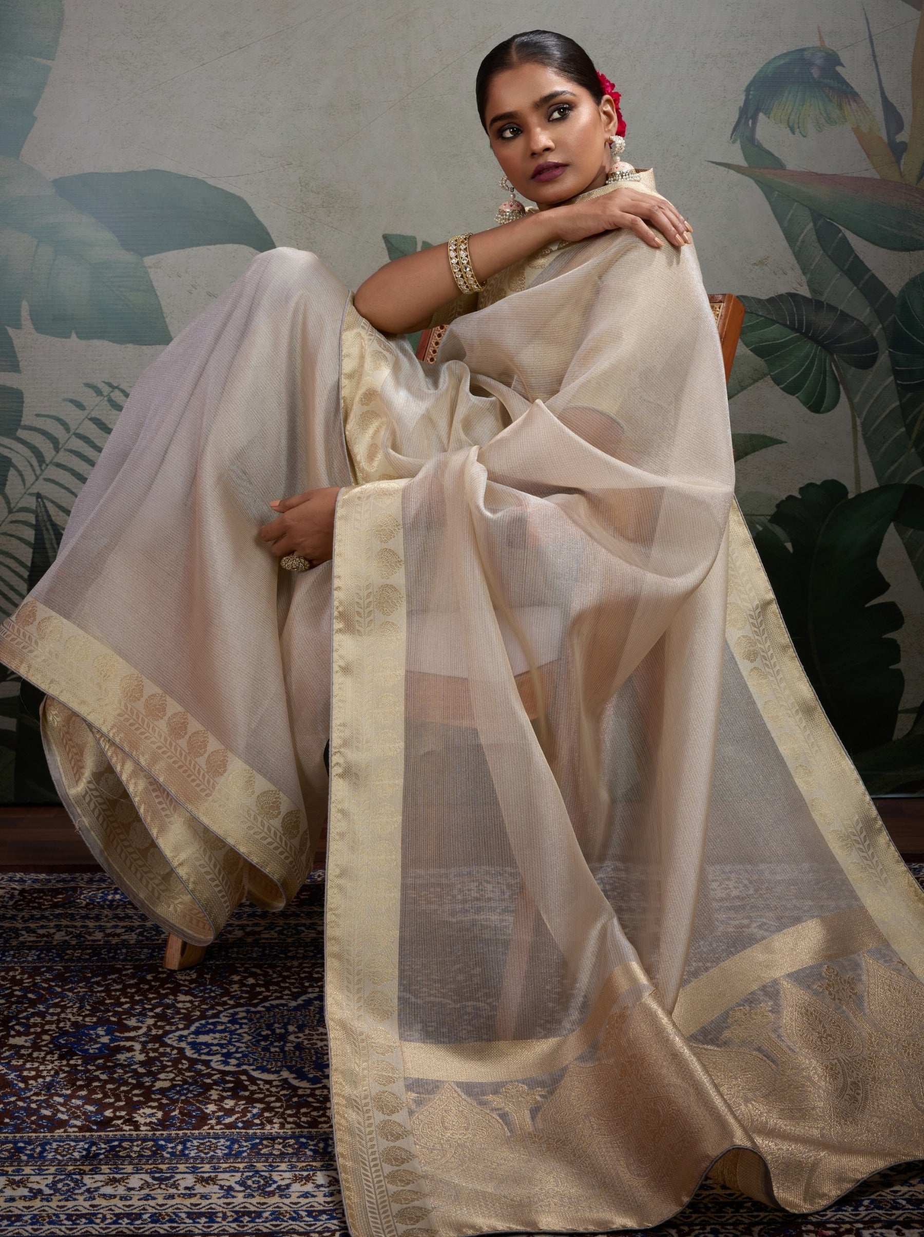 Beige Fancy Tissue Silk Saree With Blouse Piece - TrendOye