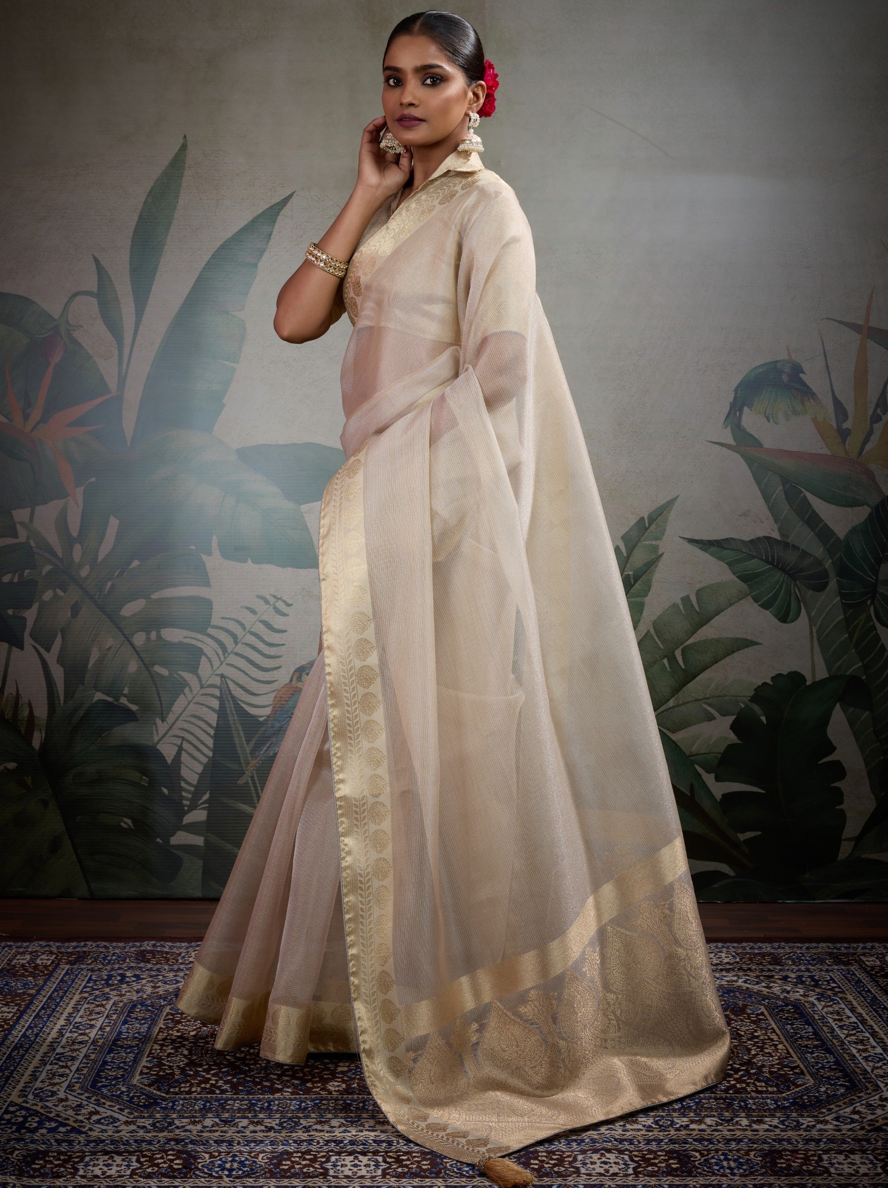 Beige Fancy Tissue Silk Saree With Blouse Piece - TrendOye