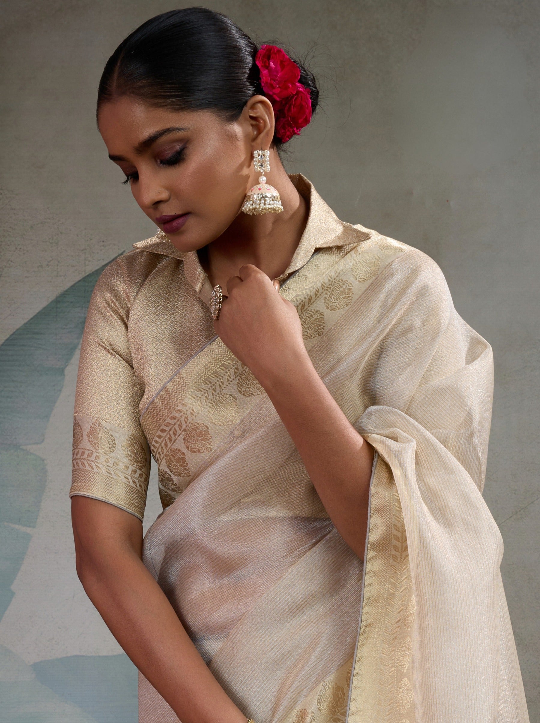 Beige Fancy Tissue Silk Saree With Blouse Piece - TrendOye