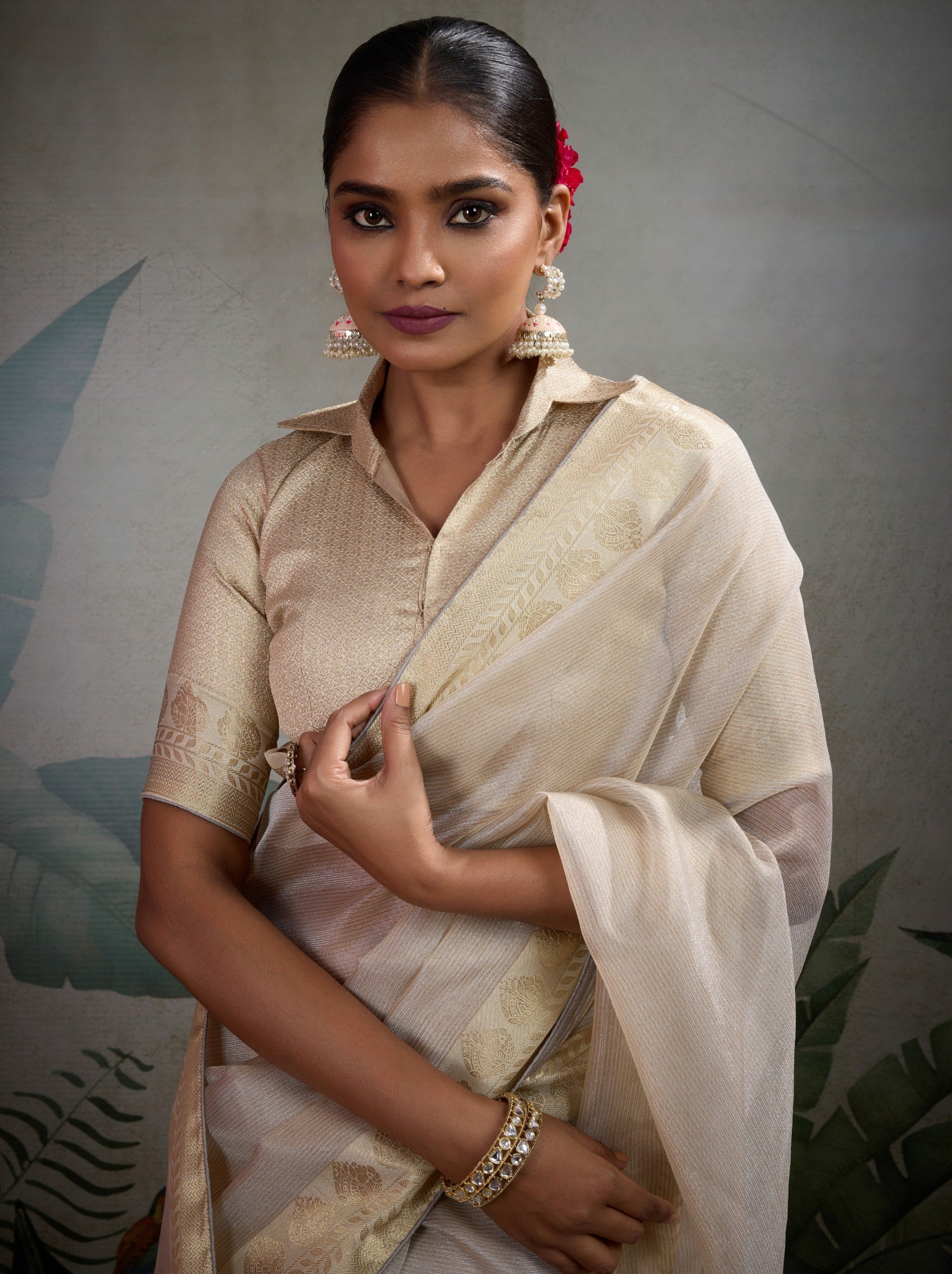 Beige Fancy Tissue Silk Saree With Blouse Piece - TrendOye
