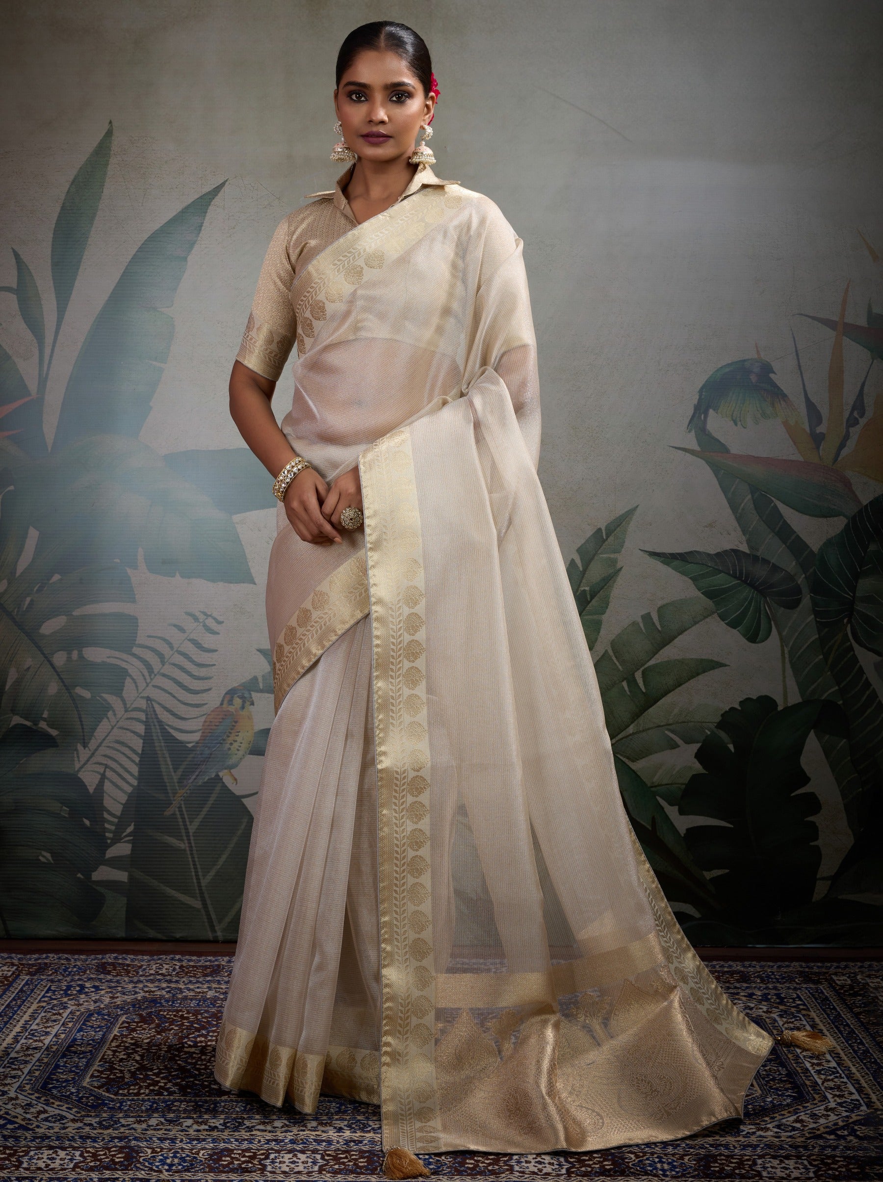 Beige Fancy Tissue Silk Saree With Blouse Piece - TrendOye