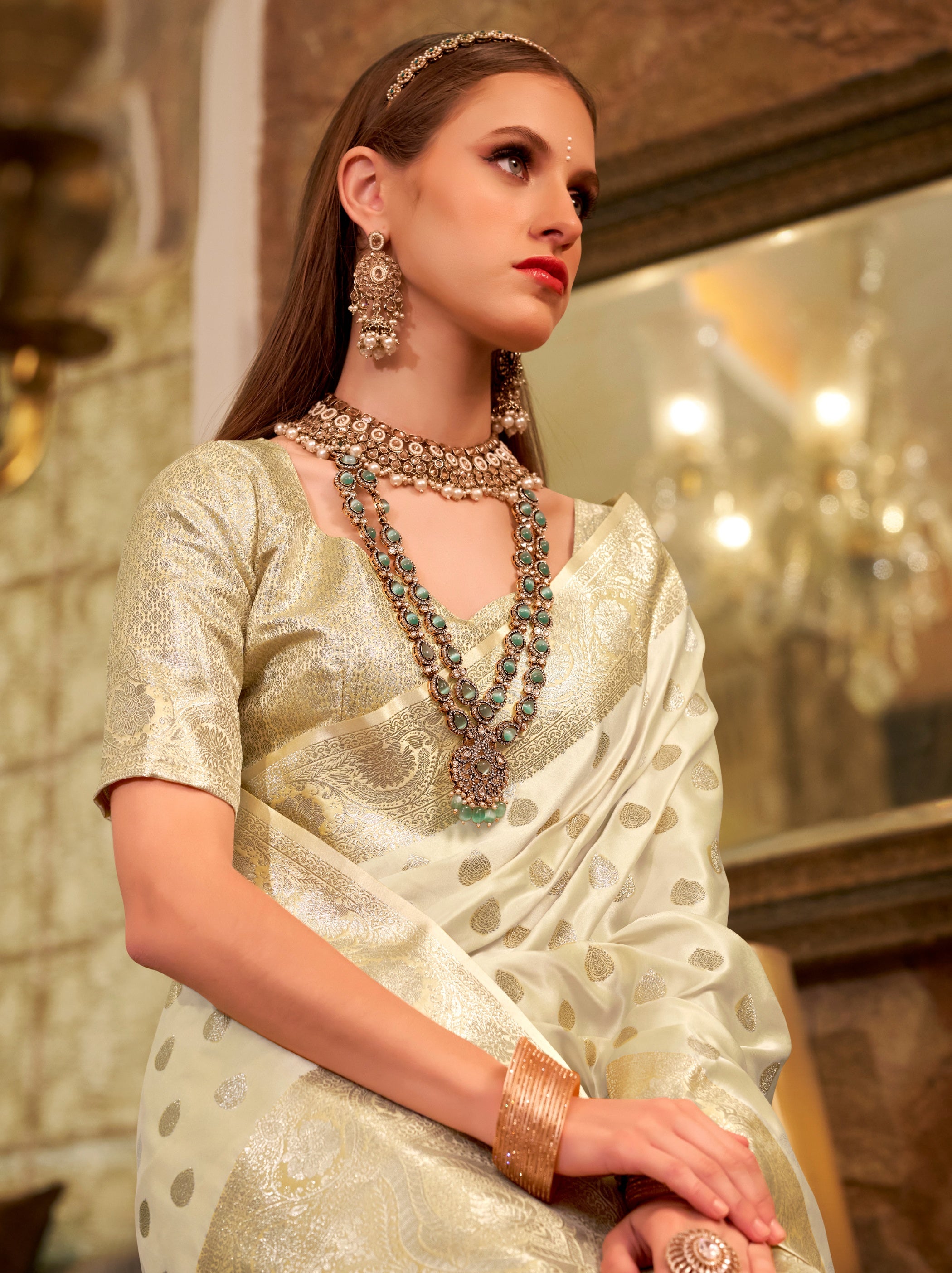 Beige Pastel Soft Satin Silk Saree With Zari Work