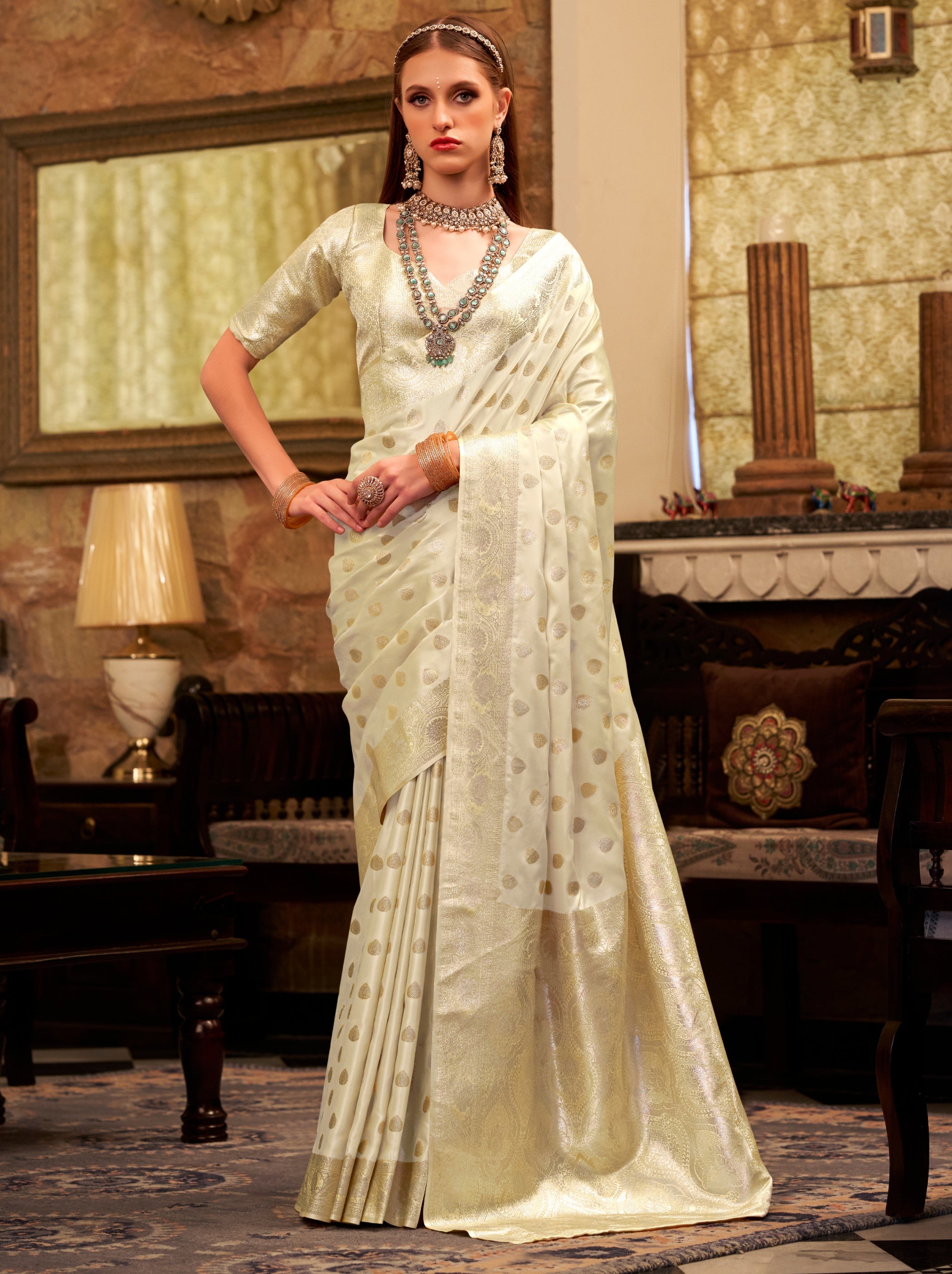 Beige Pastel Soft Satin Silk Saree With Zari Work