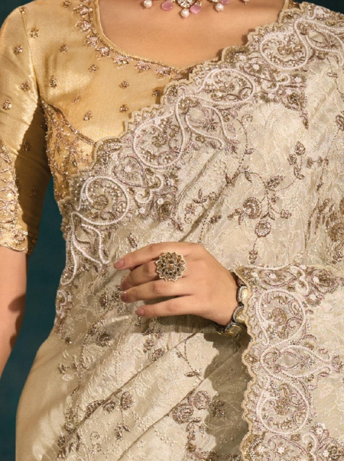 Beige Premium Banarasi Silk Wedding Designer Saree