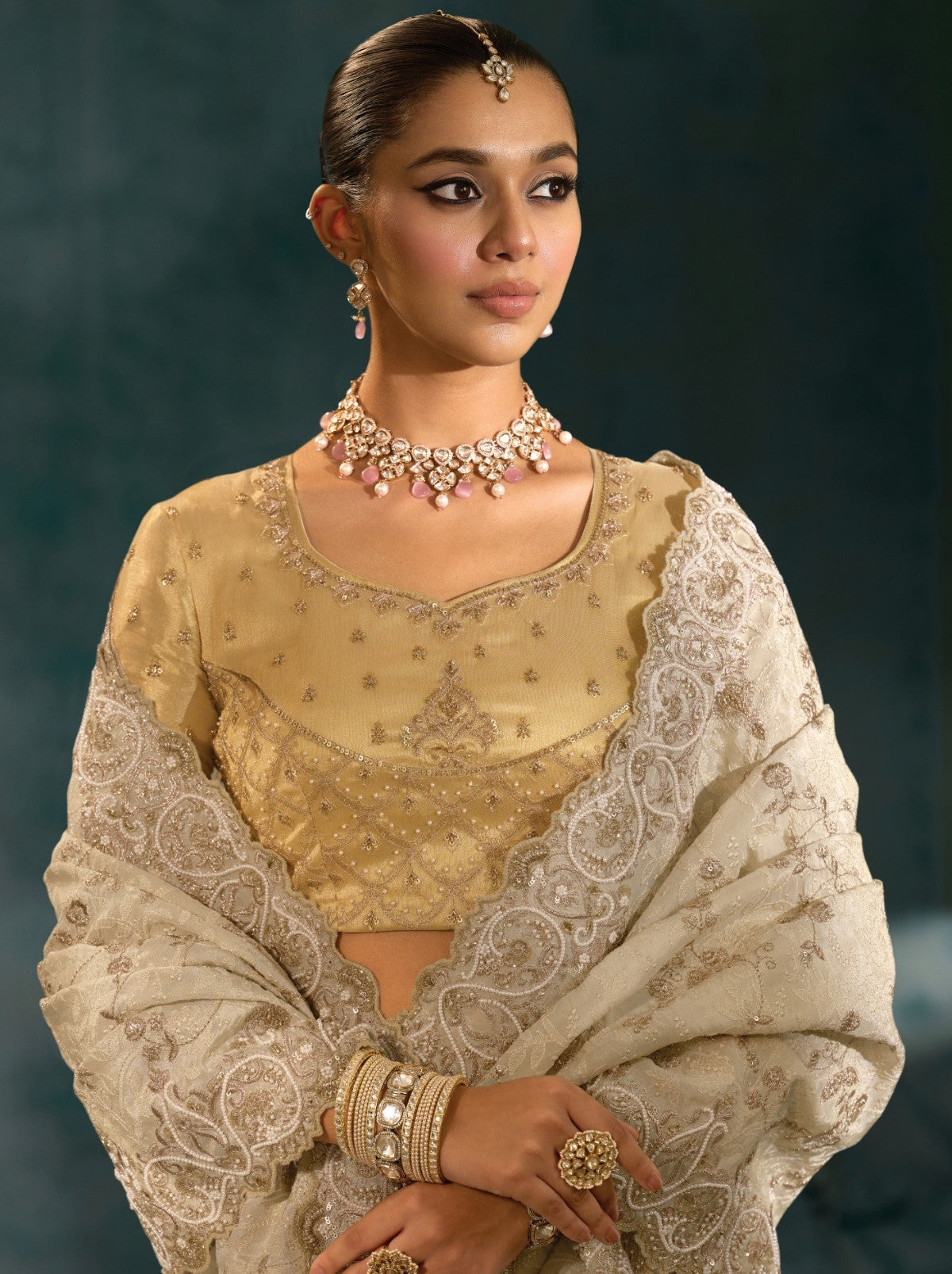 Beige Premium Banarasi Silk Wedding Designer Saree