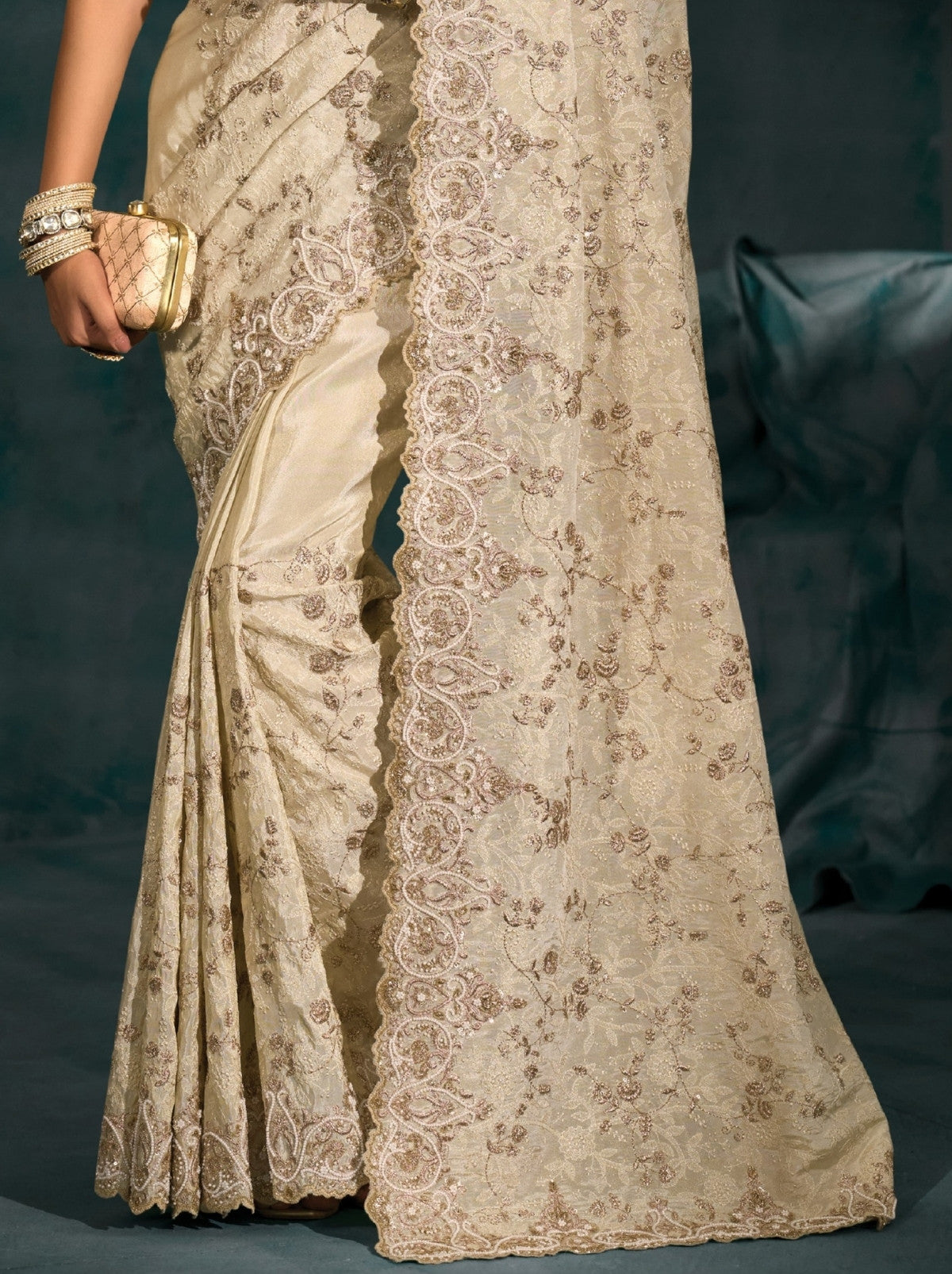 Beige Premium Banarasi Silk Wedding Designer Saree