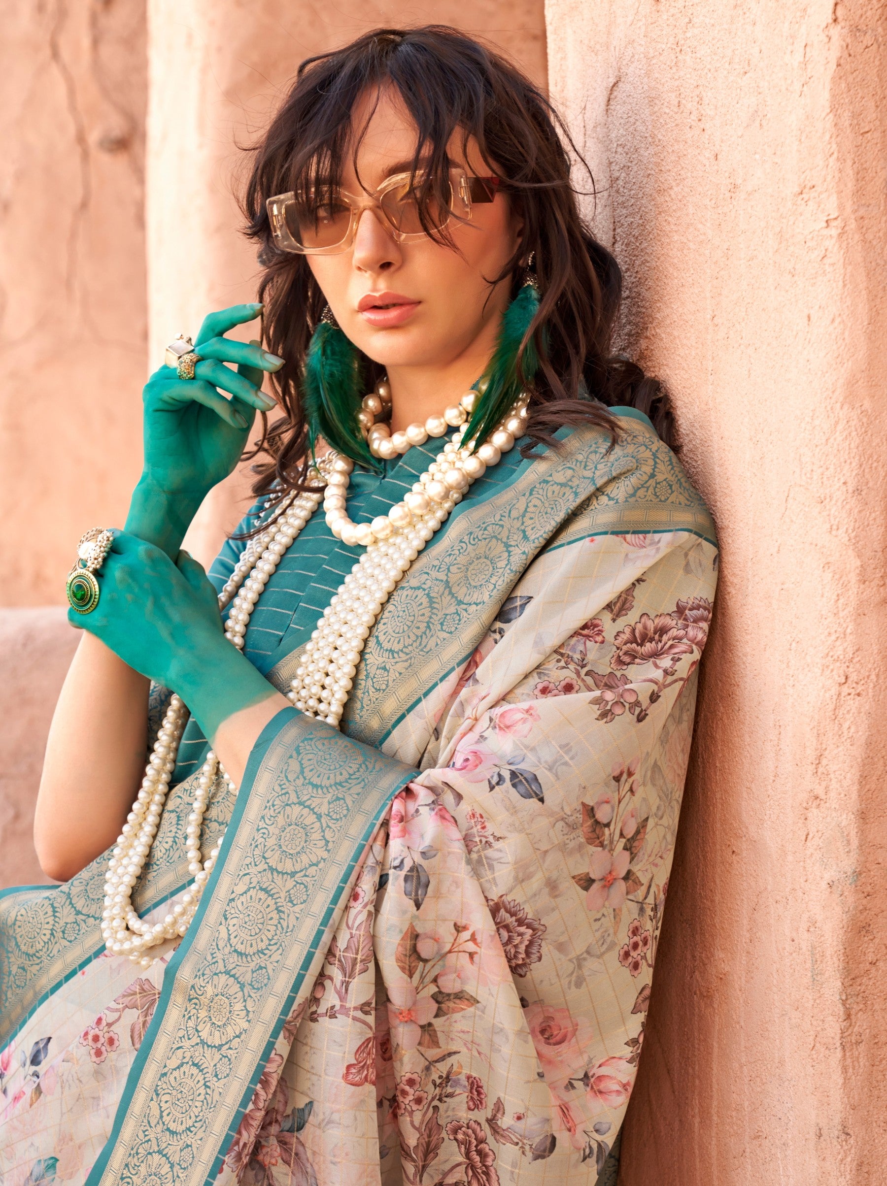 Beige Fancy Digital Print Celebration Georgette Saree - TrendOye