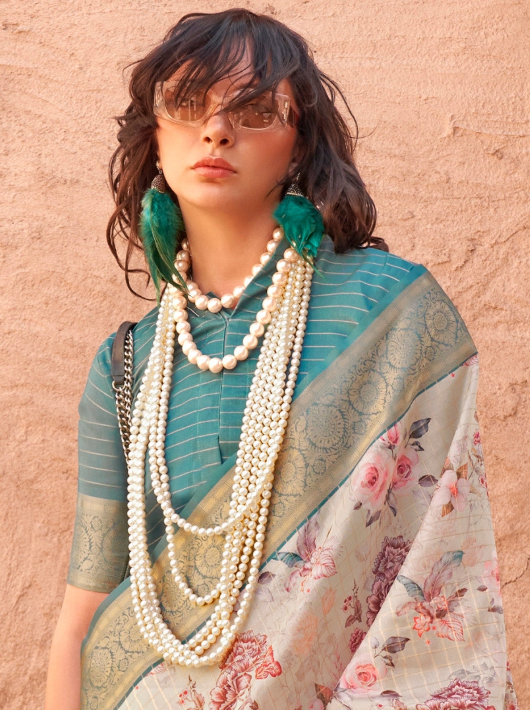 Beige Fancy Digital Print Celebration Georgette Saree - TrendOye