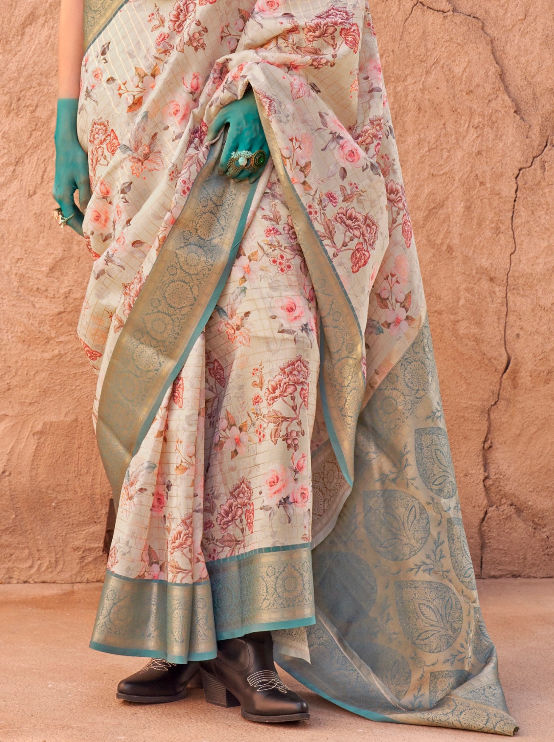 Beige Fancy Digital Print Celebration Georgette Saree - TrendOye