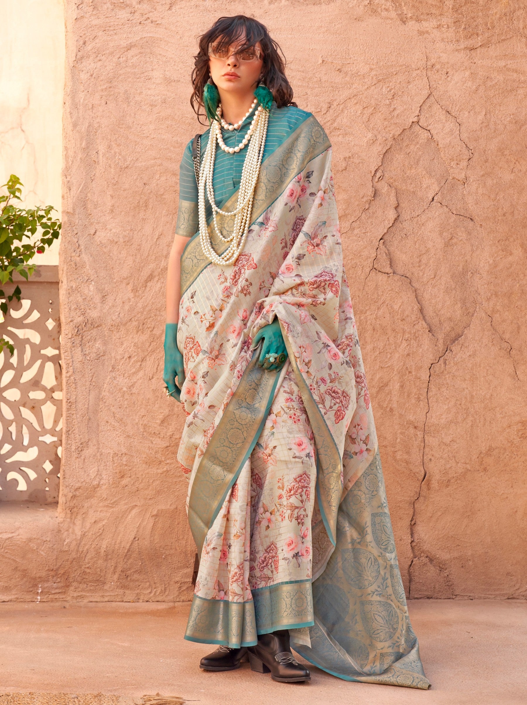 Beige Fancy Digital Print Celebration Georgette Saree - TrendOye