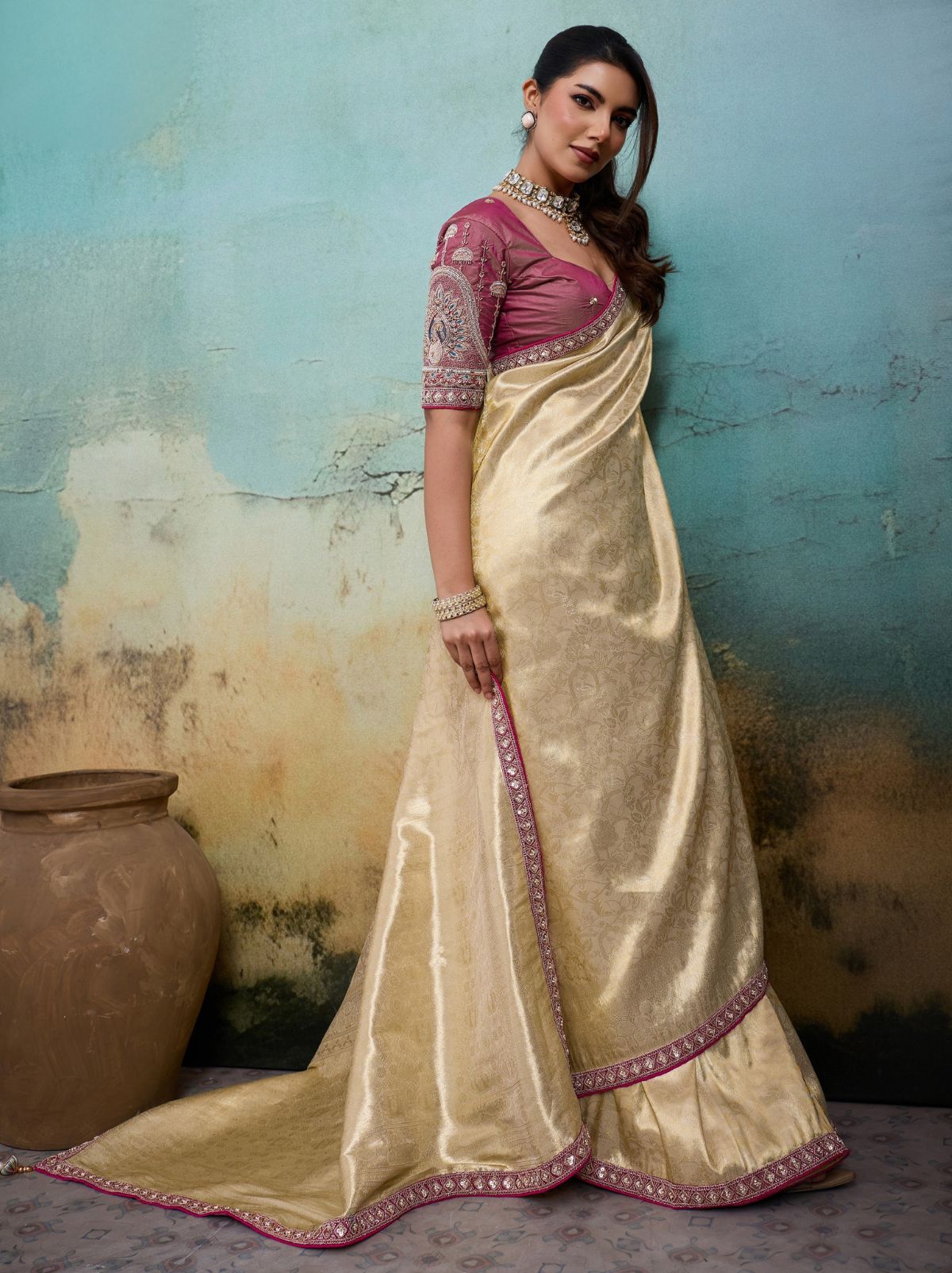 Beige Premium Designer Tissue Banarasi Saree With Blouse Piece