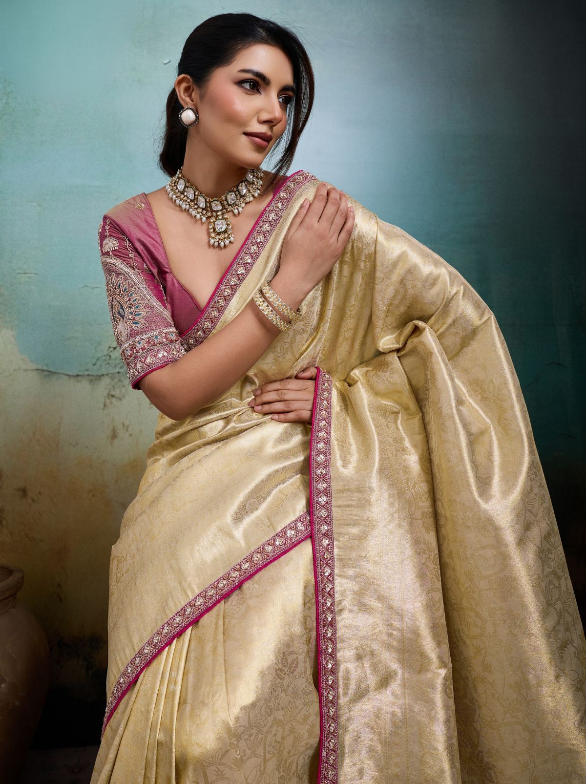 Beige Premium Designer Tissue Banarasi Saree With Blouse Piece