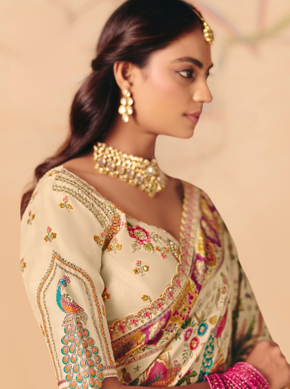 Light Beige Premium Dola Silk Embroidered Designer Saree