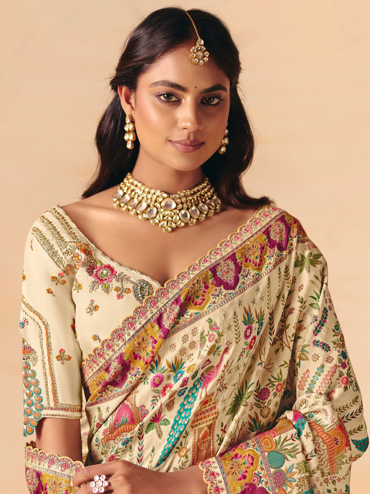 Light Beige Premium Dola Silk Embroidered Designer Saree