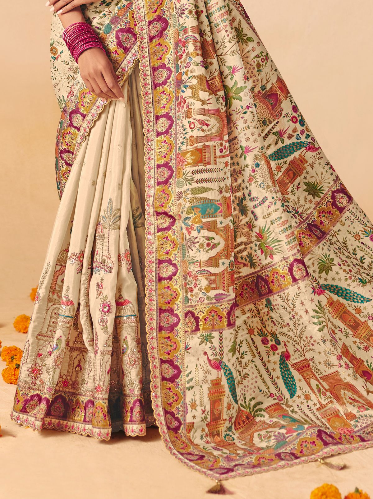 Light Beige Premium Dola Silk Embroidered Designer Saree