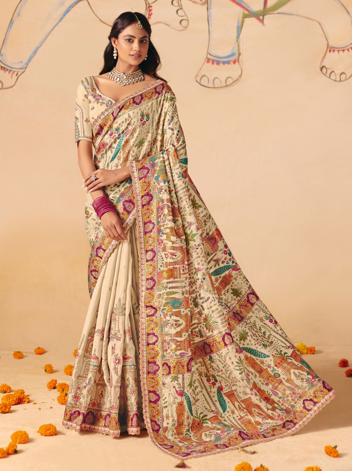 Light Beige Premium Dola Silk Embroidered Designer Saree