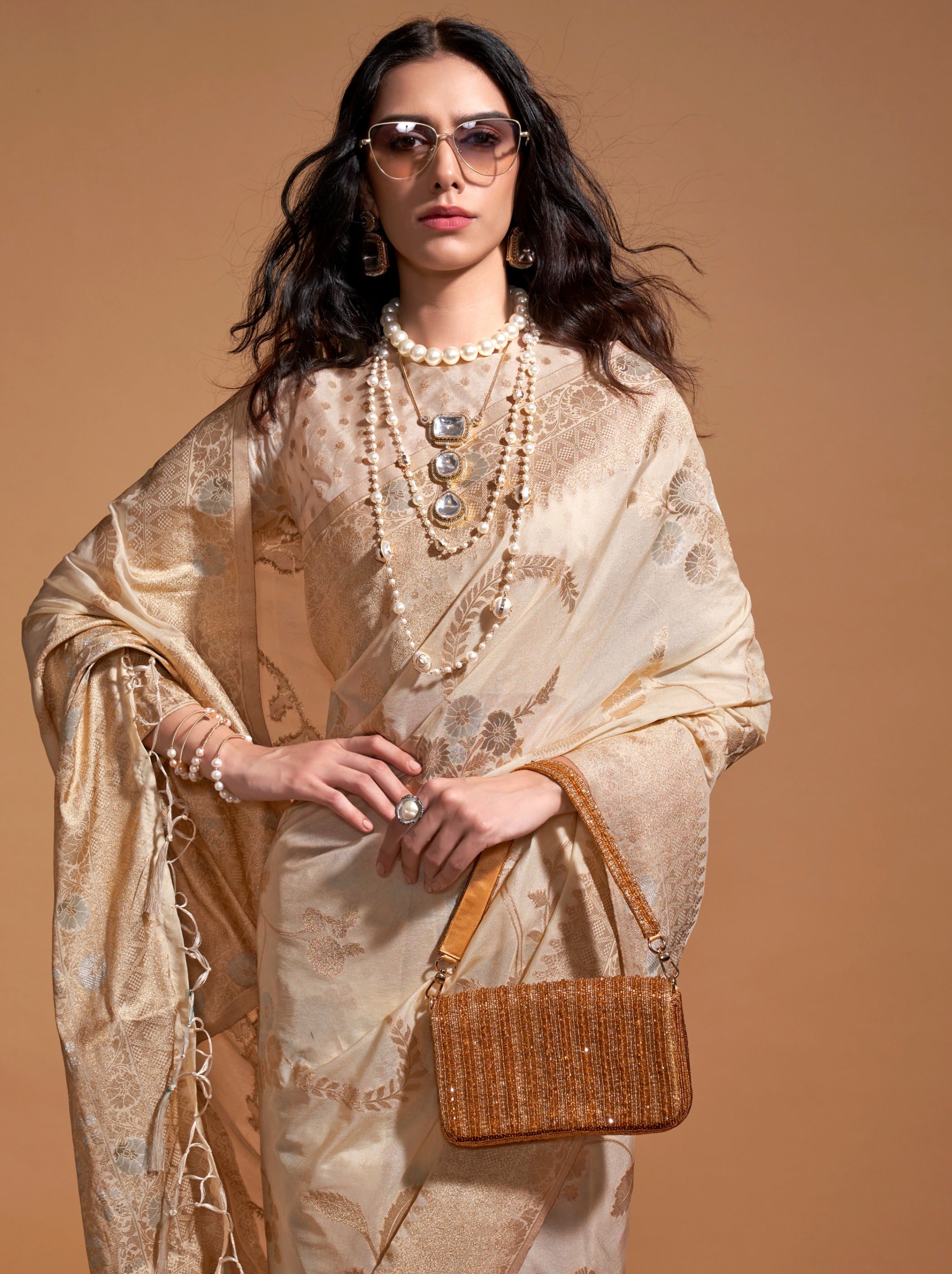 Beige Premium Georgette Saree With Unstitched Blouse - TrendOye