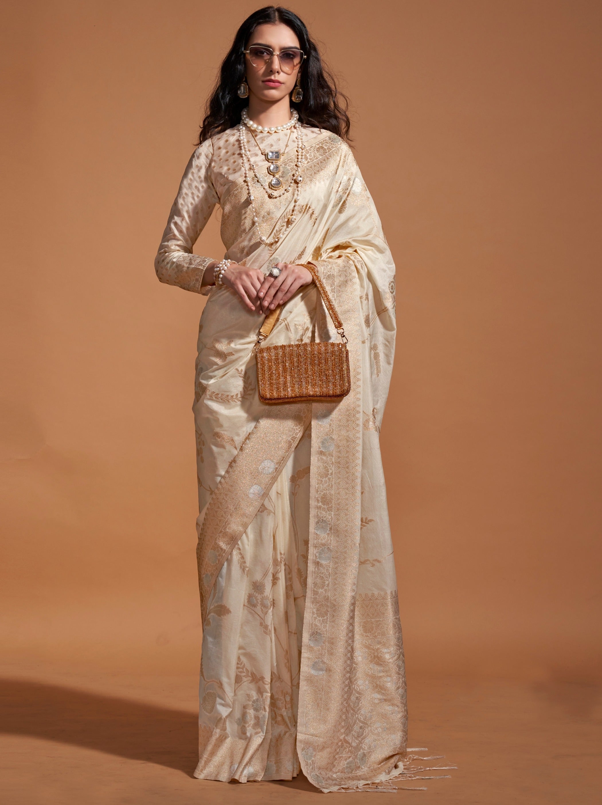 Beige Premium Georgette Saree With Unstitched Blouse - TrendOye