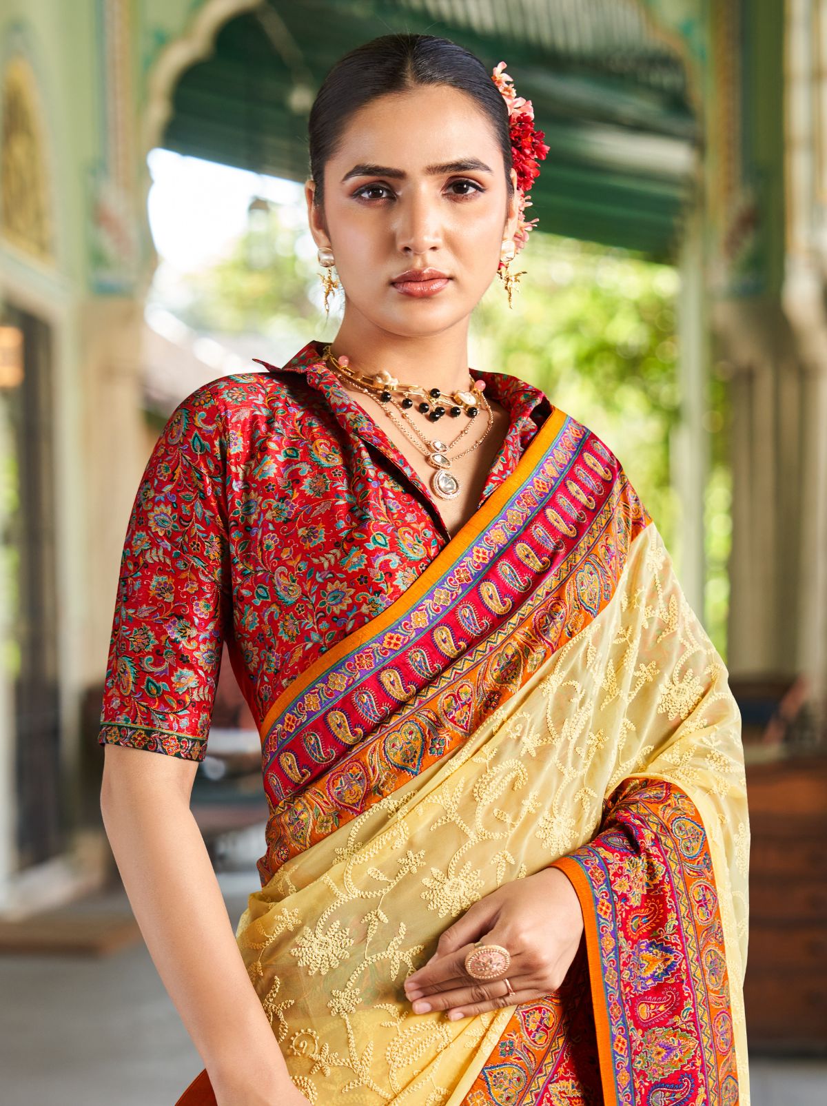 Dark Cream Premium Georgette Saree With Lucknowi Chikan Work