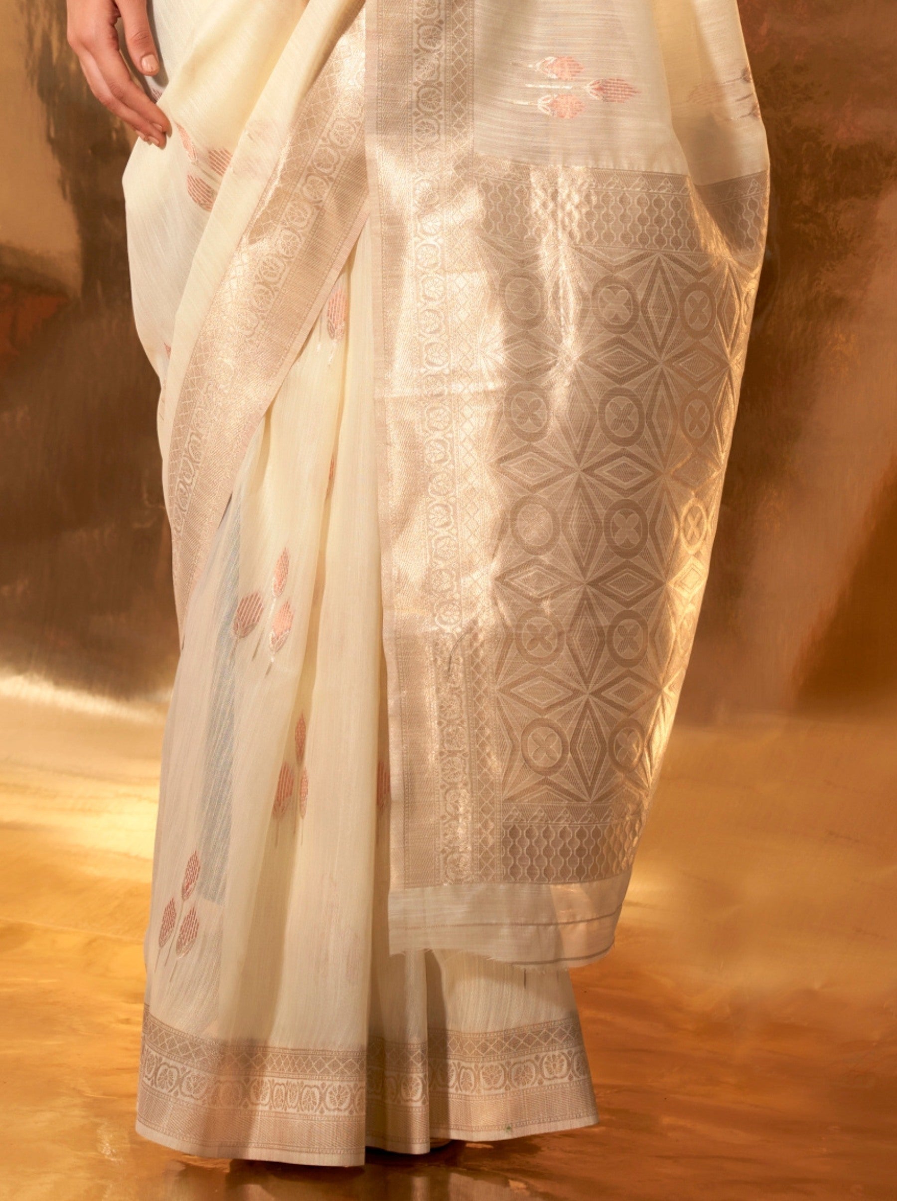 Beige Designer Linen Silk Saree With Blouse Piece - TrendOye