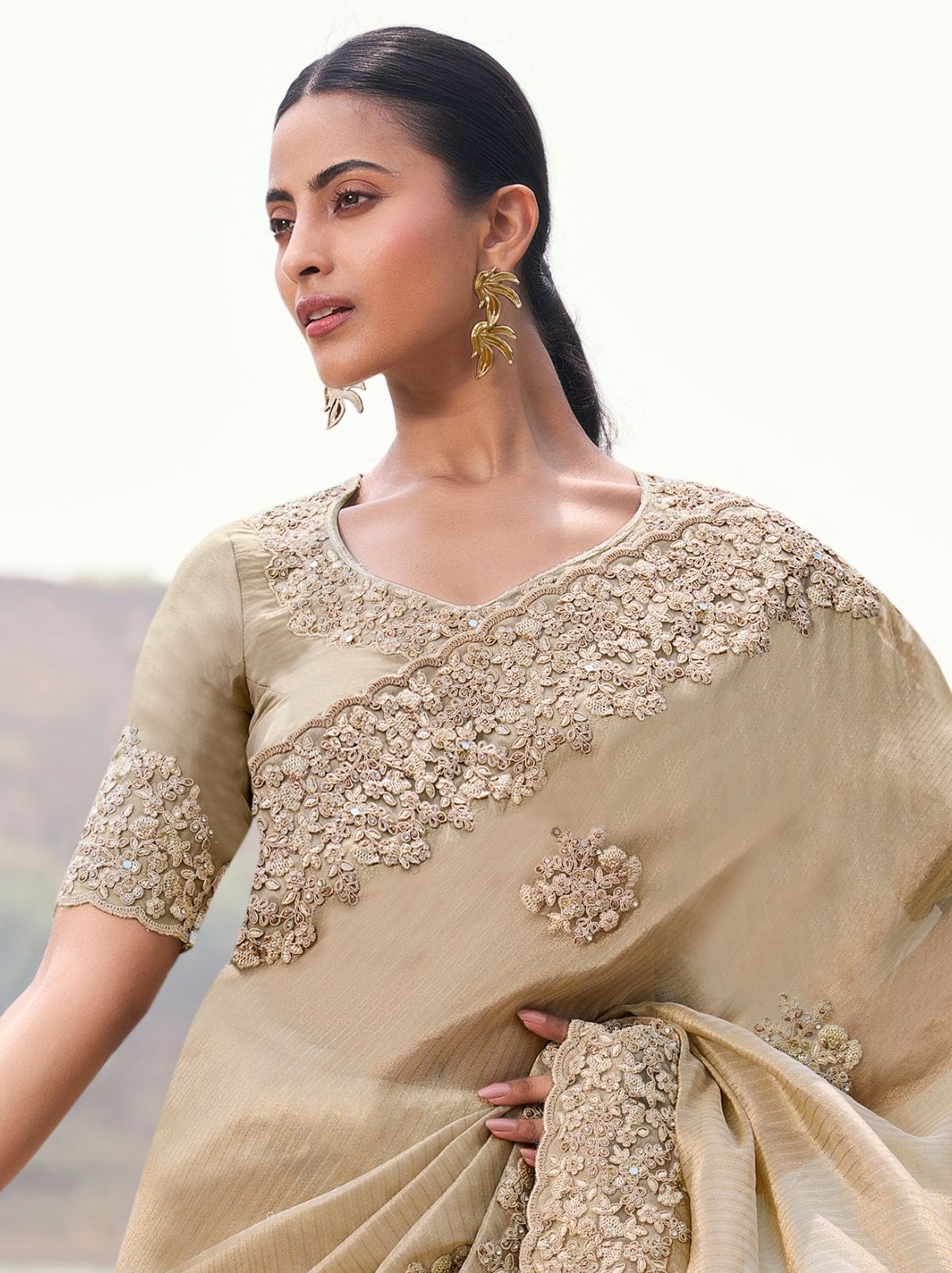 Parchment Beige Premium Tissue Silk Saree With Blouse Piece