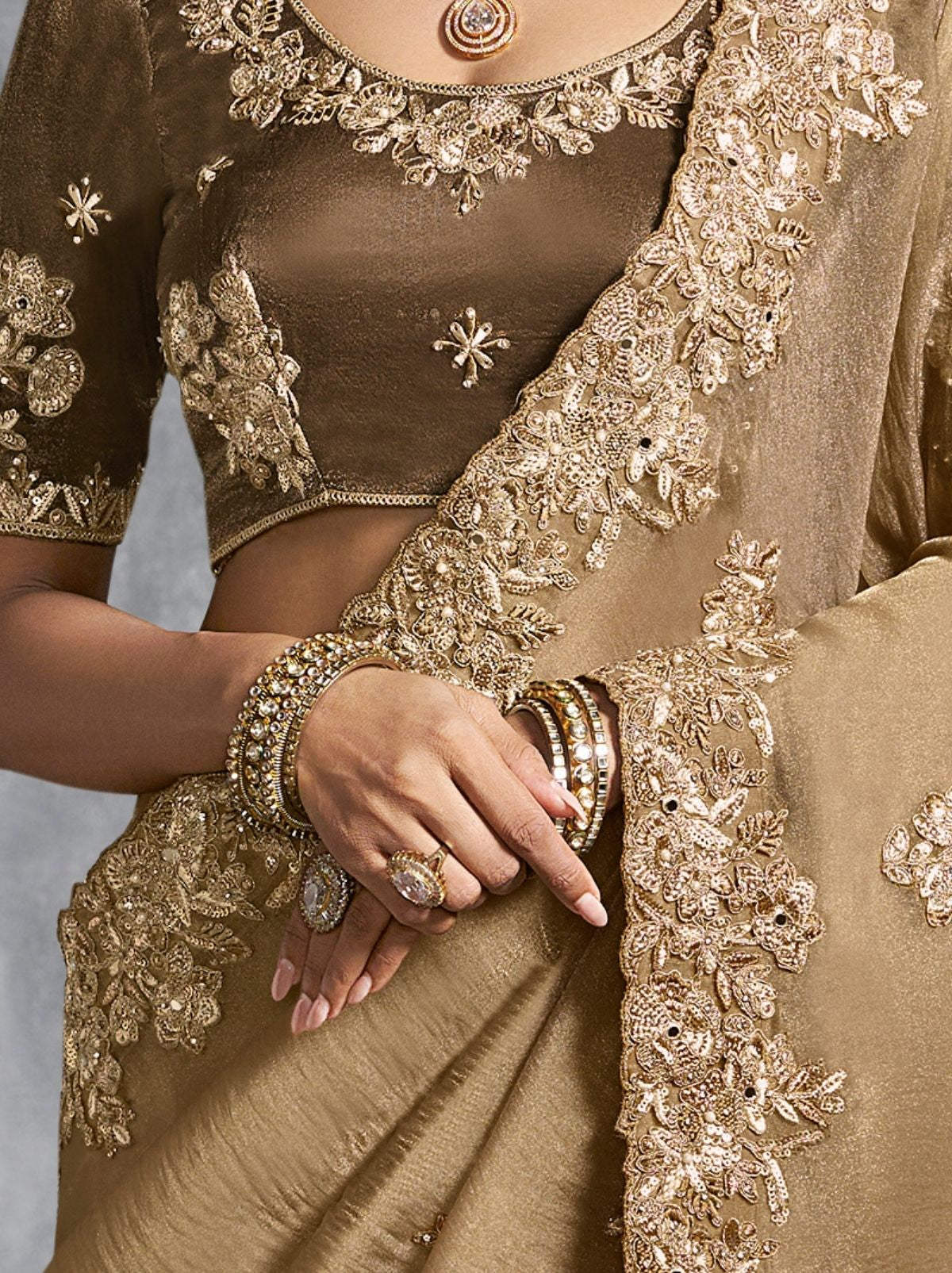 Sand Beige Premium Zari Tissue Silk Saree With Tassels