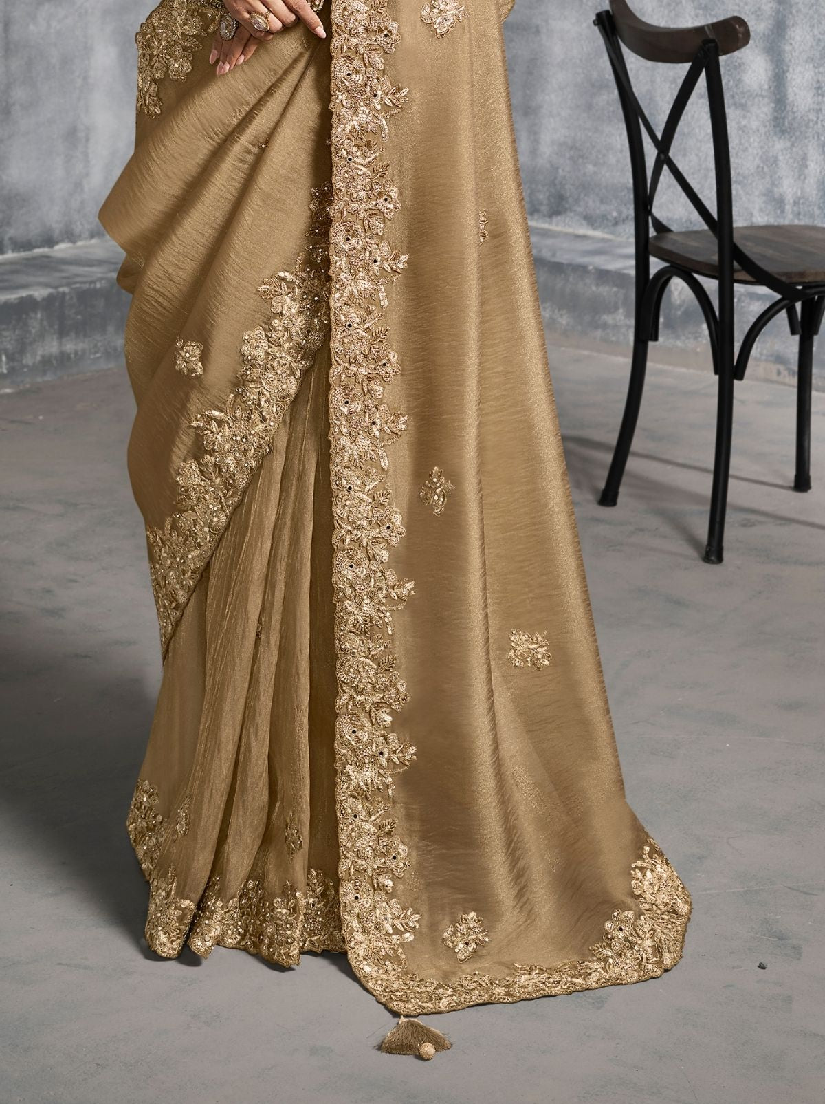 Sand Beige Premium Zari Tissue Silk Saree With Tassels