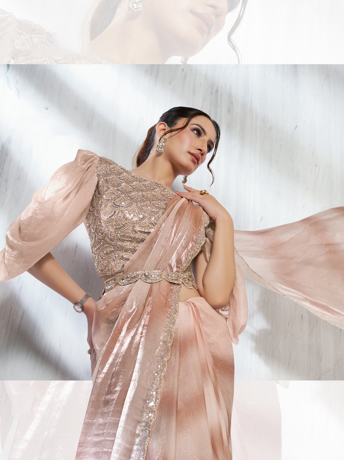 Beige Dual Tone Ready To Wear Satin Saree With Trendy Blouse