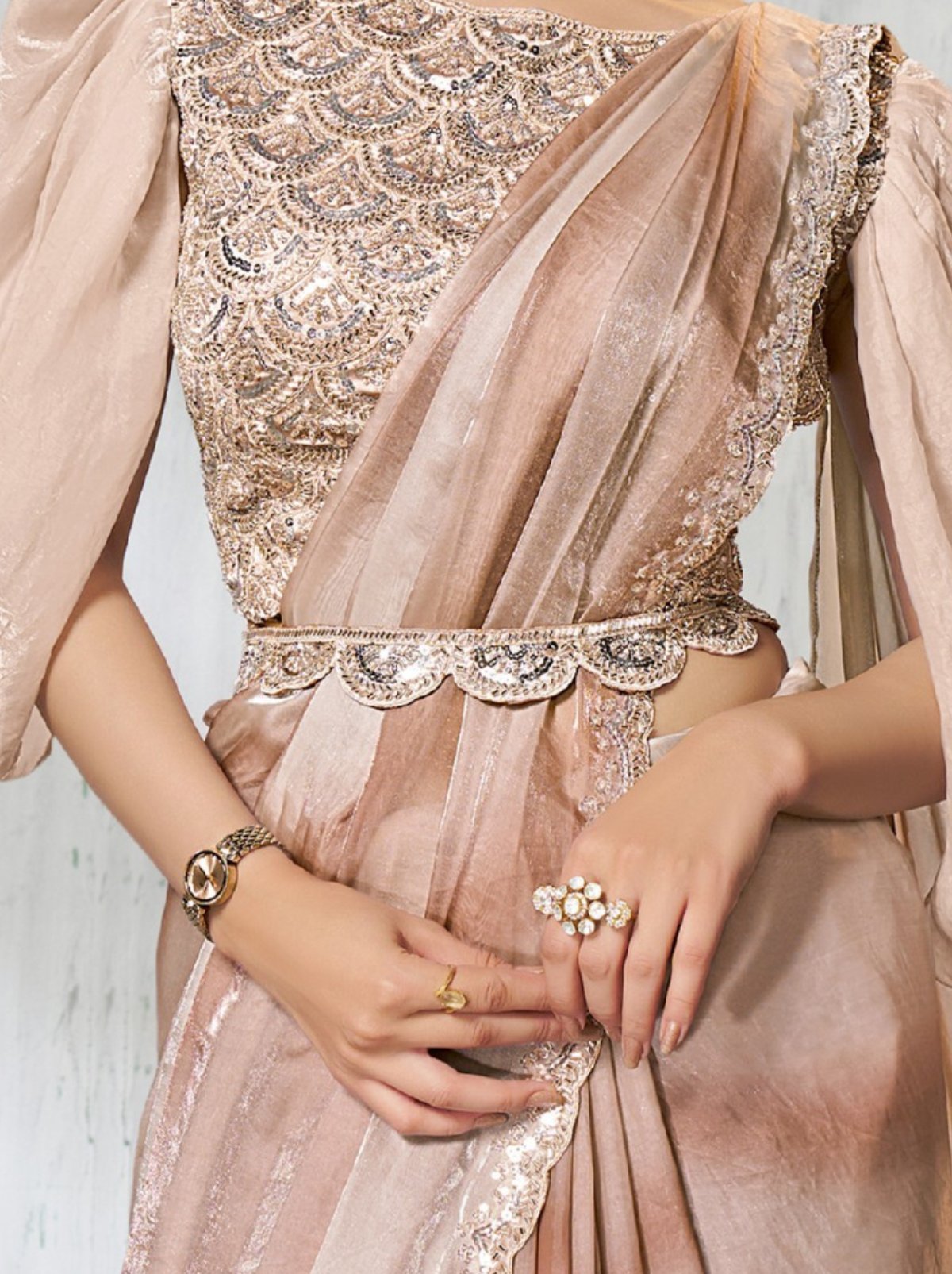 Beige Dual Tone Ready To Wear Satin Saree With Trendy Blouse