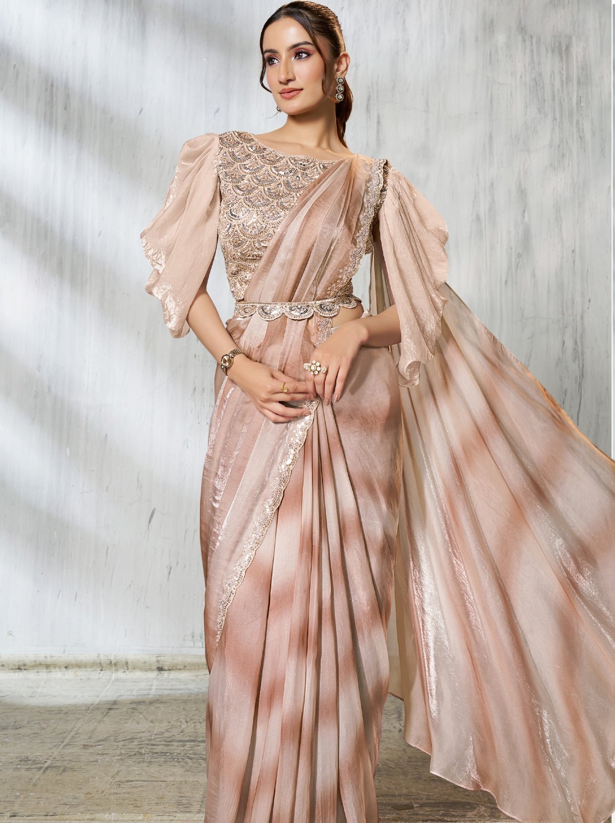 Beige Dual Tone Ready To Wear Satin Saree With Trendy Blouse
