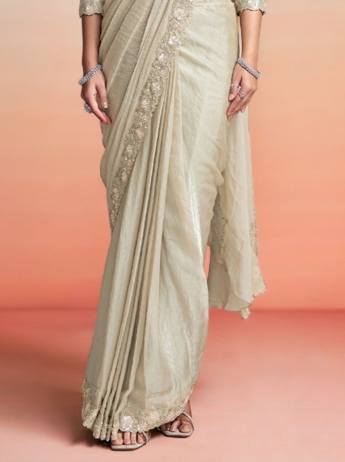 Beige Ready to Wear Premium Satin Silk Pearl Work Saree