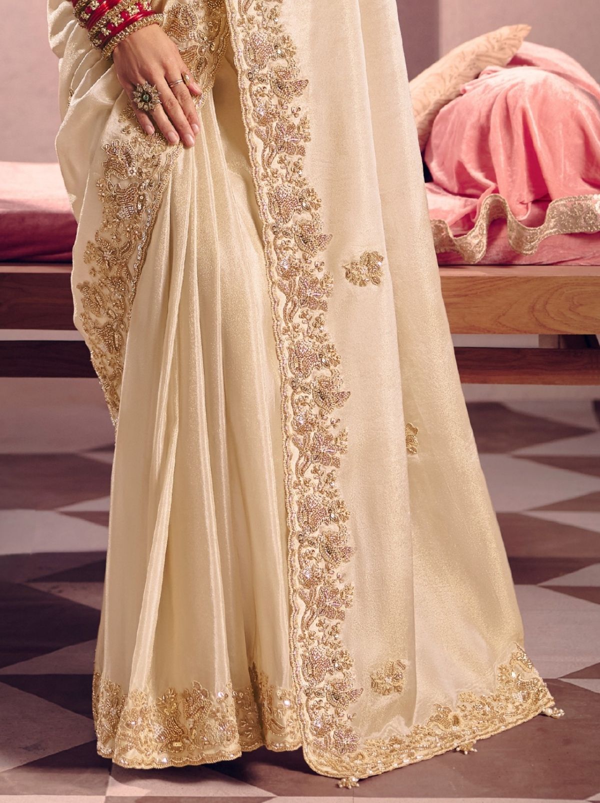 Beige Tissue Silk Saree with Couture Beadwork & Zari Detailing