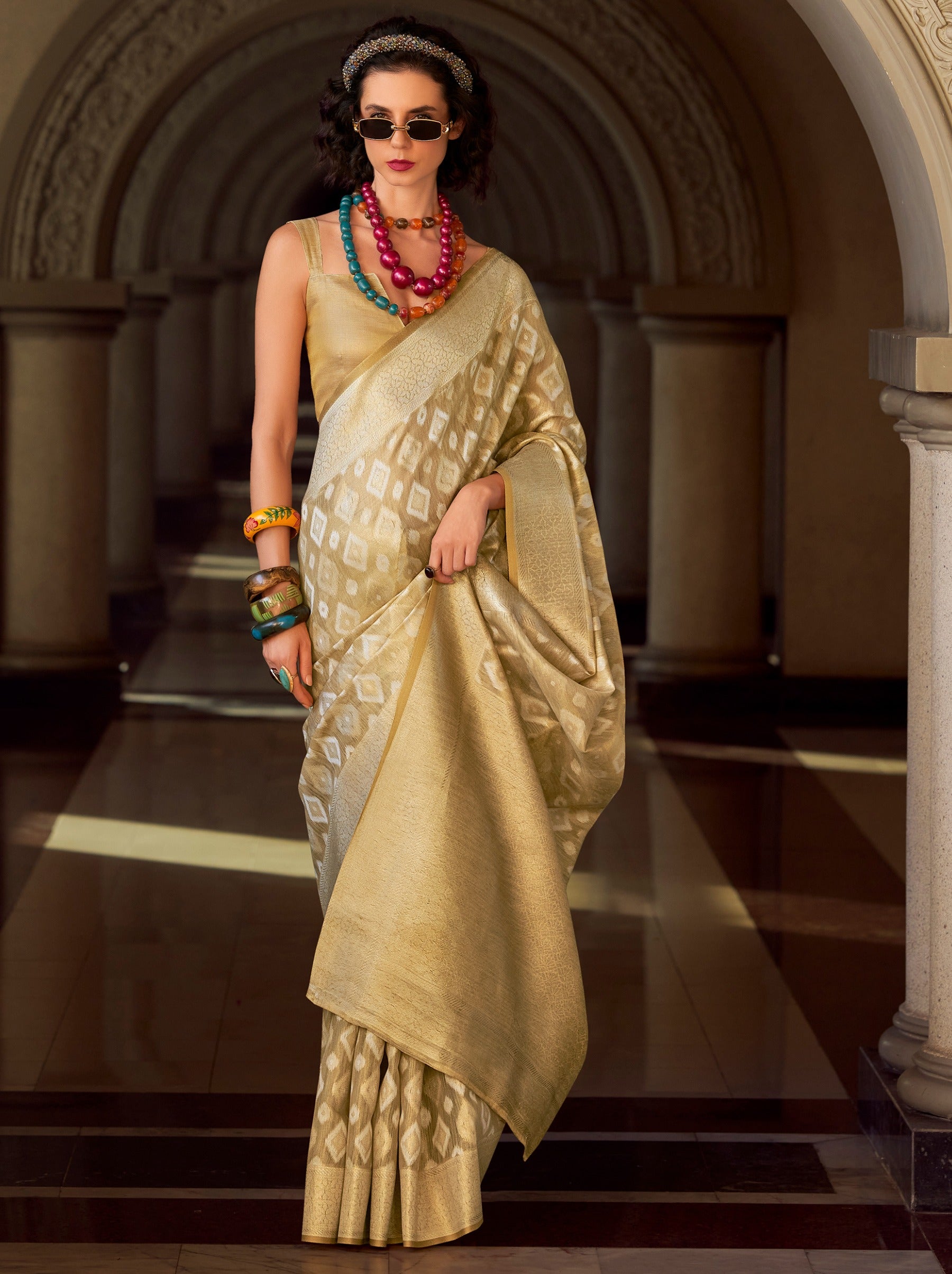 Beige Premium Tissue Silk Festive Saree - TrendOye