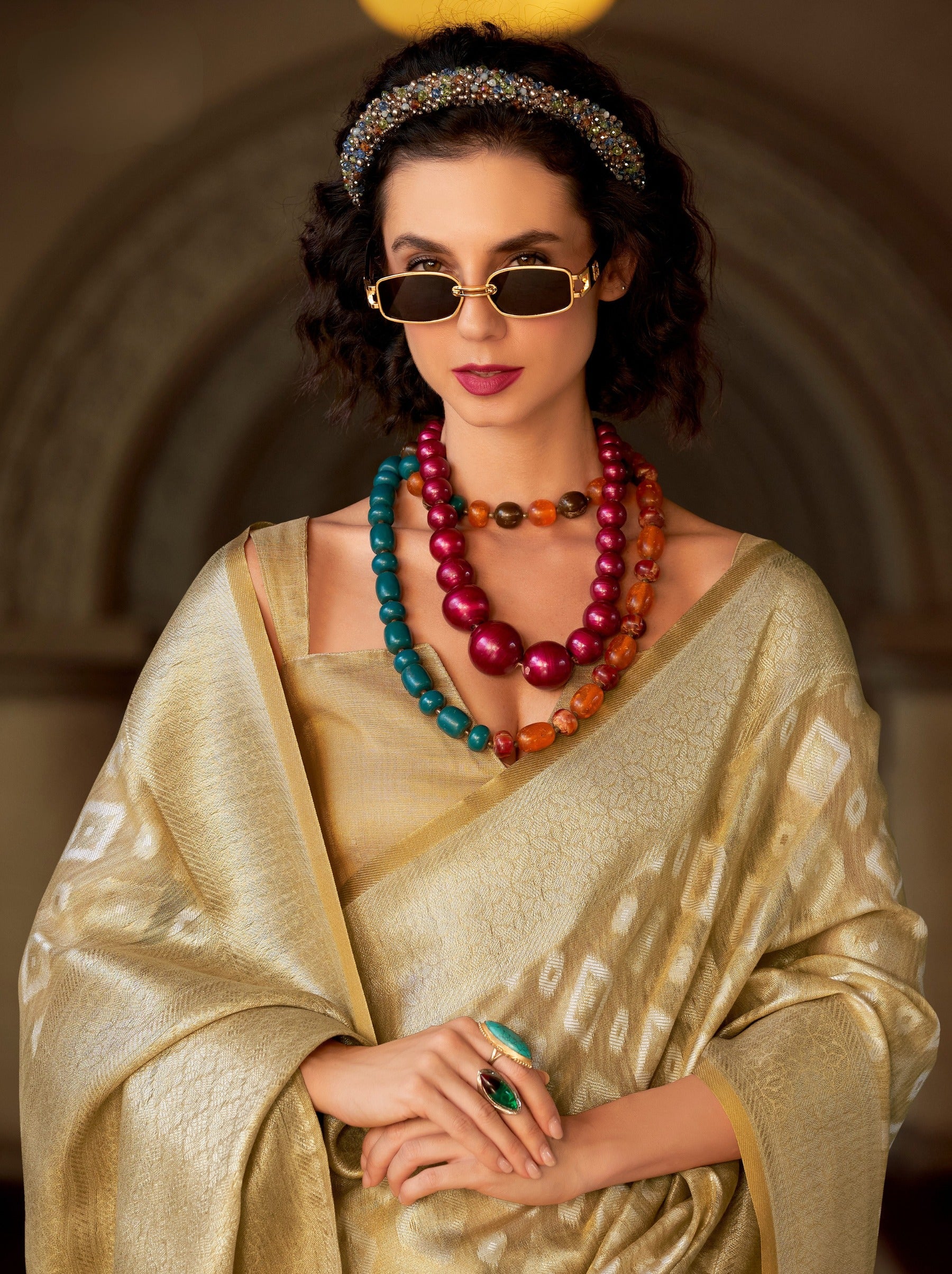 Beige Premium Tissue Silk Festive Saree - TrendOye