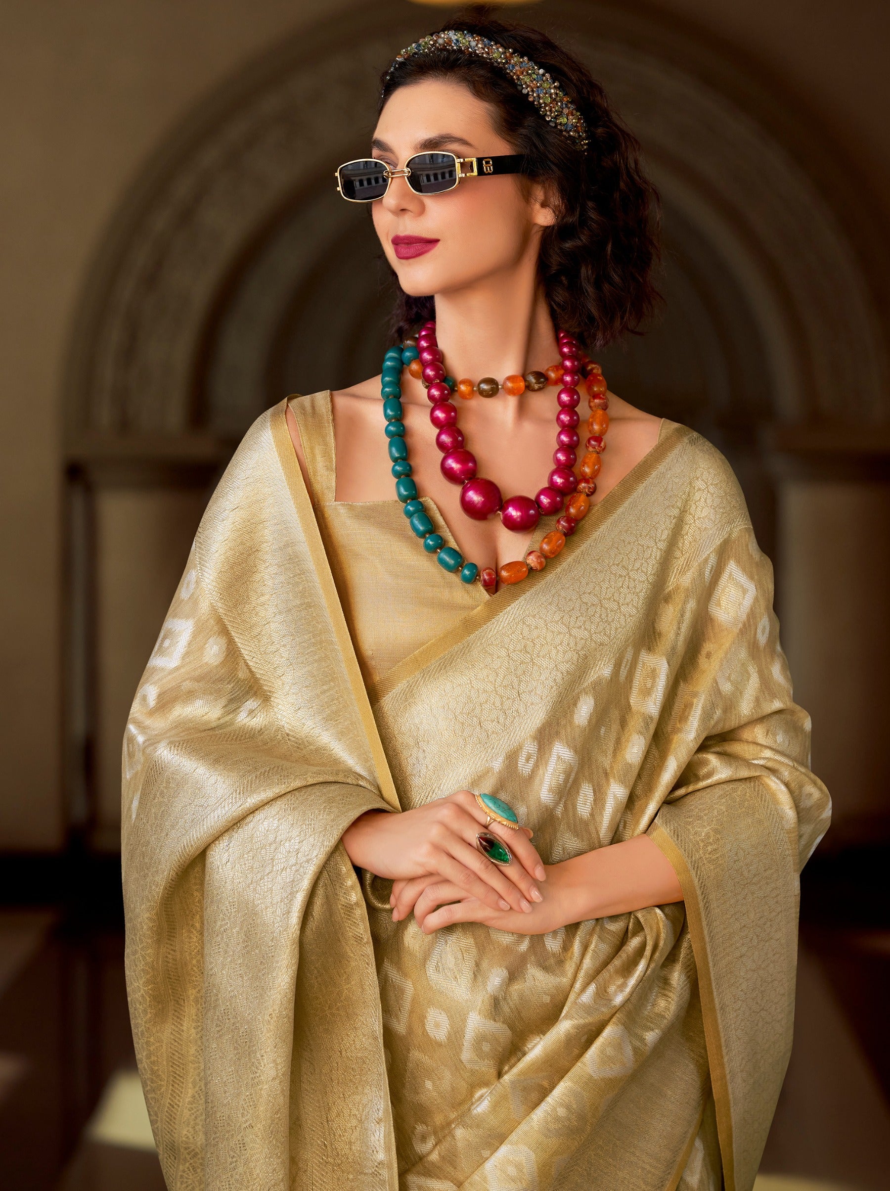 Beige Premium Tissue Silk Festive Saree - TrendOye