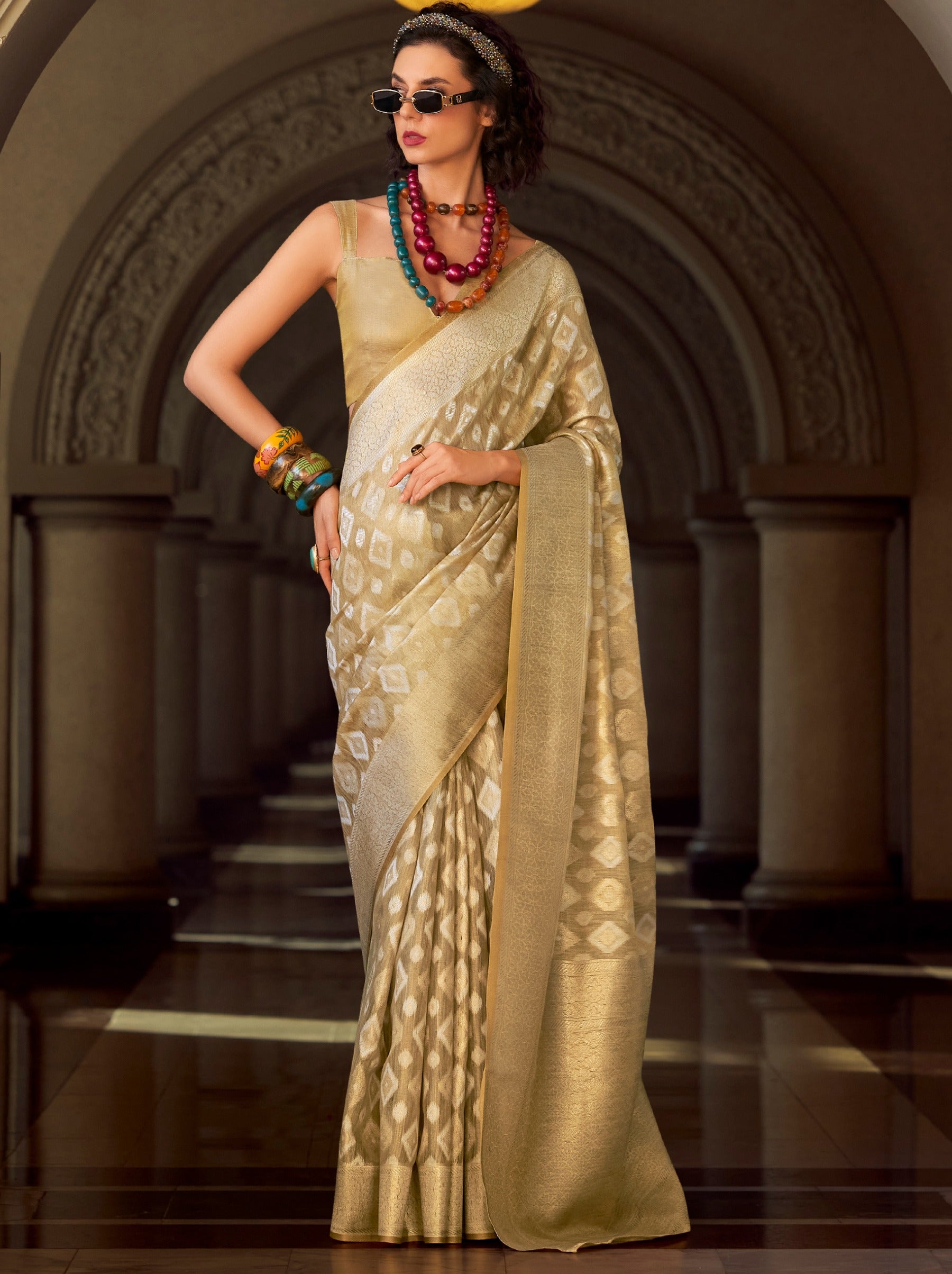 Beige Premium Tissue Silk Festive Saree - TrendOye