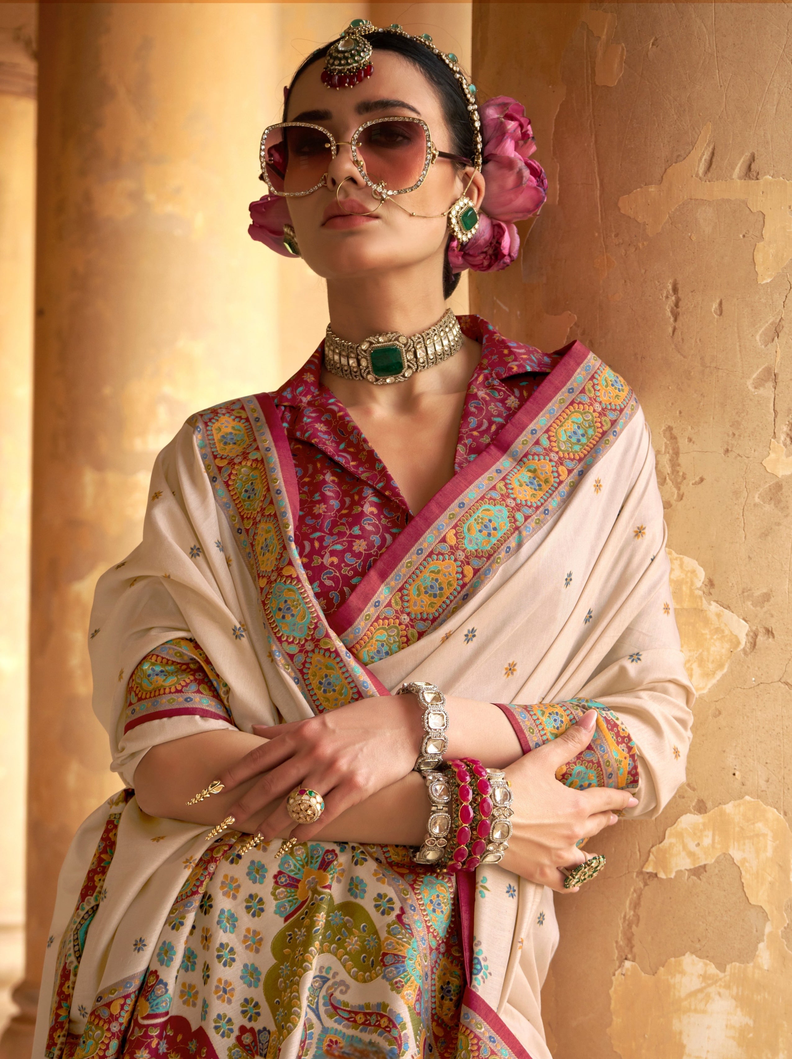 Vibrant Beige Ethnic Celebration Silk Saree With Unstitched Blouse - TrendOye