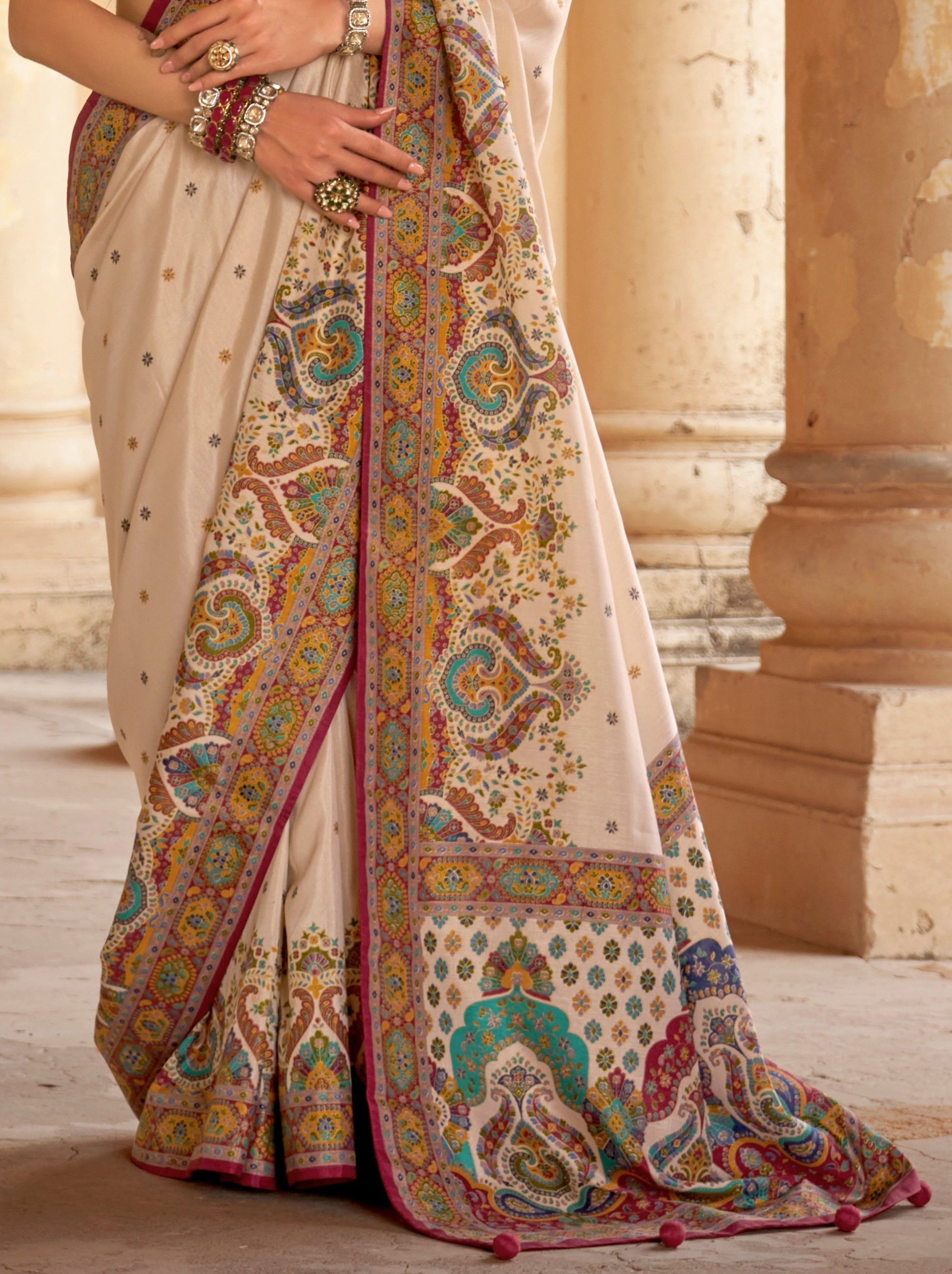 Vibrant Beige Ethnic Celebration Silk Saree With Unstitched Blouse - TrendOye
