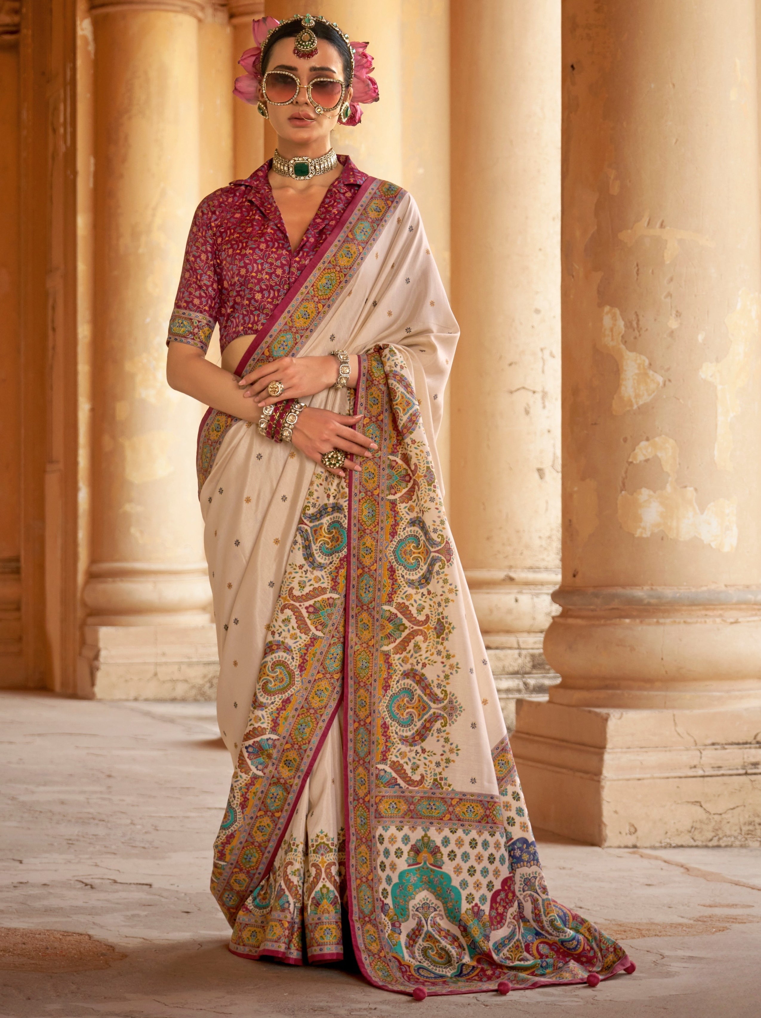 Vibrant Beige Ethnic Celebration Silk Saree With Unstitched Blouse - TrendOye