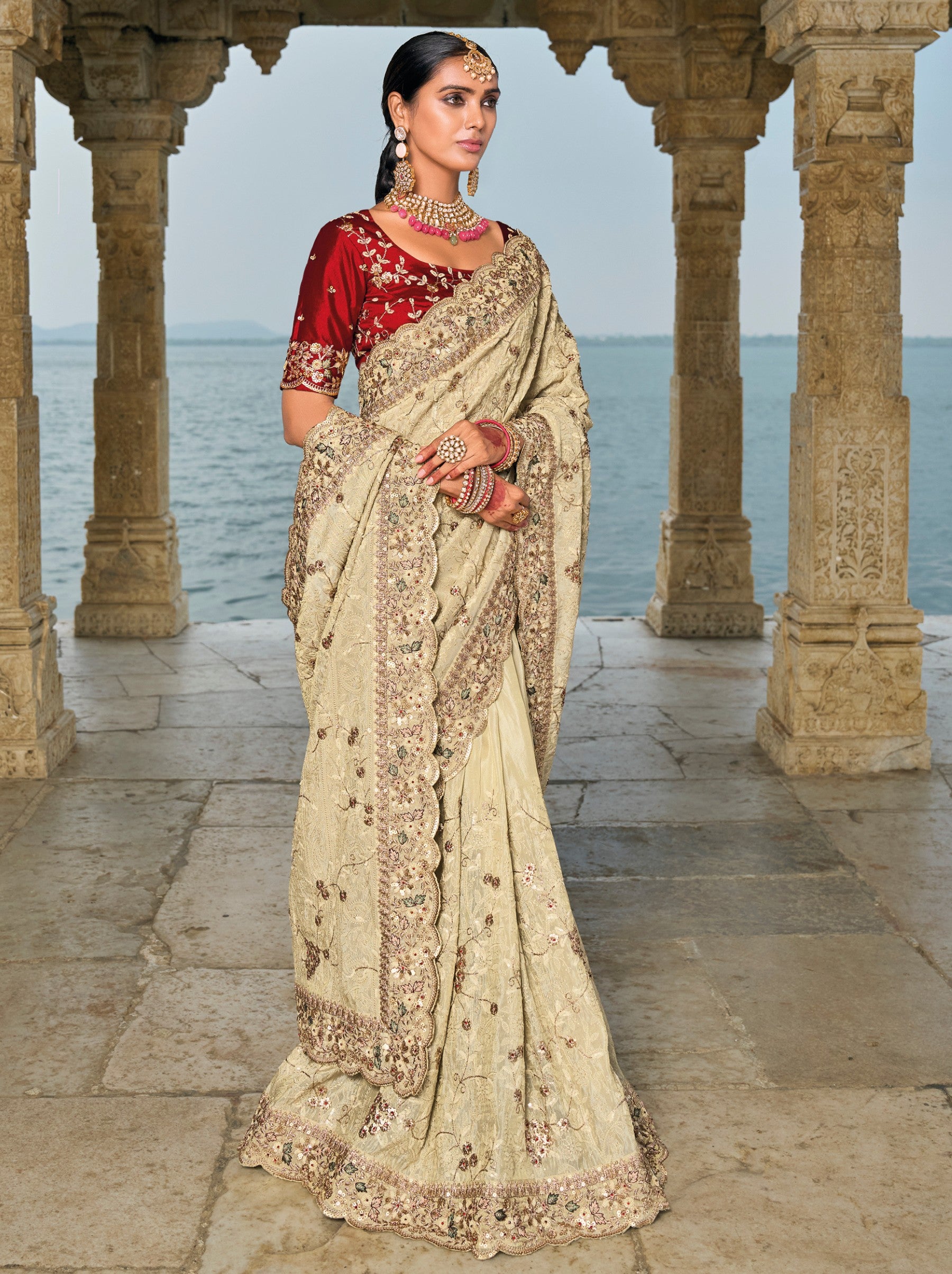 Parchment Beige Wedding Designer Saree - TrendOye