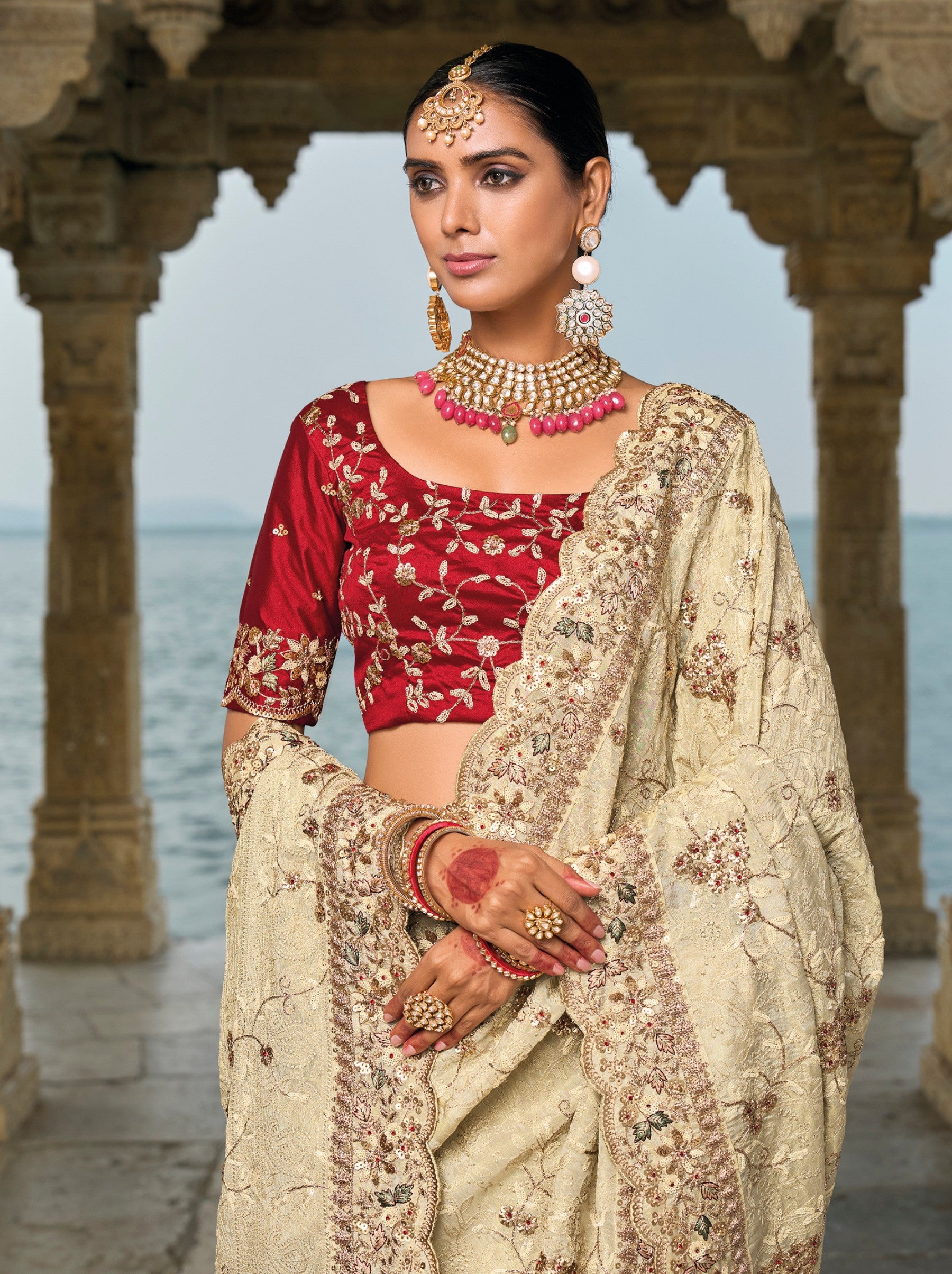 Parchment Beige Wedding Designer Saree - TrendOye