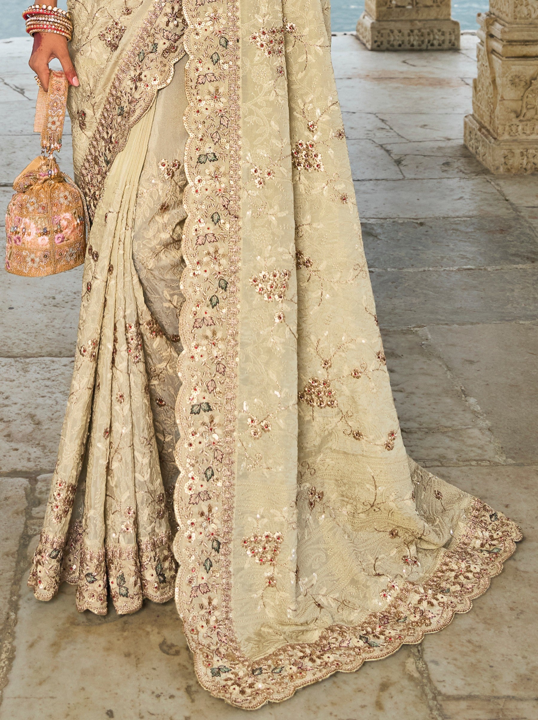 Parchment Beige Wedding Designer Saree - TrendOye